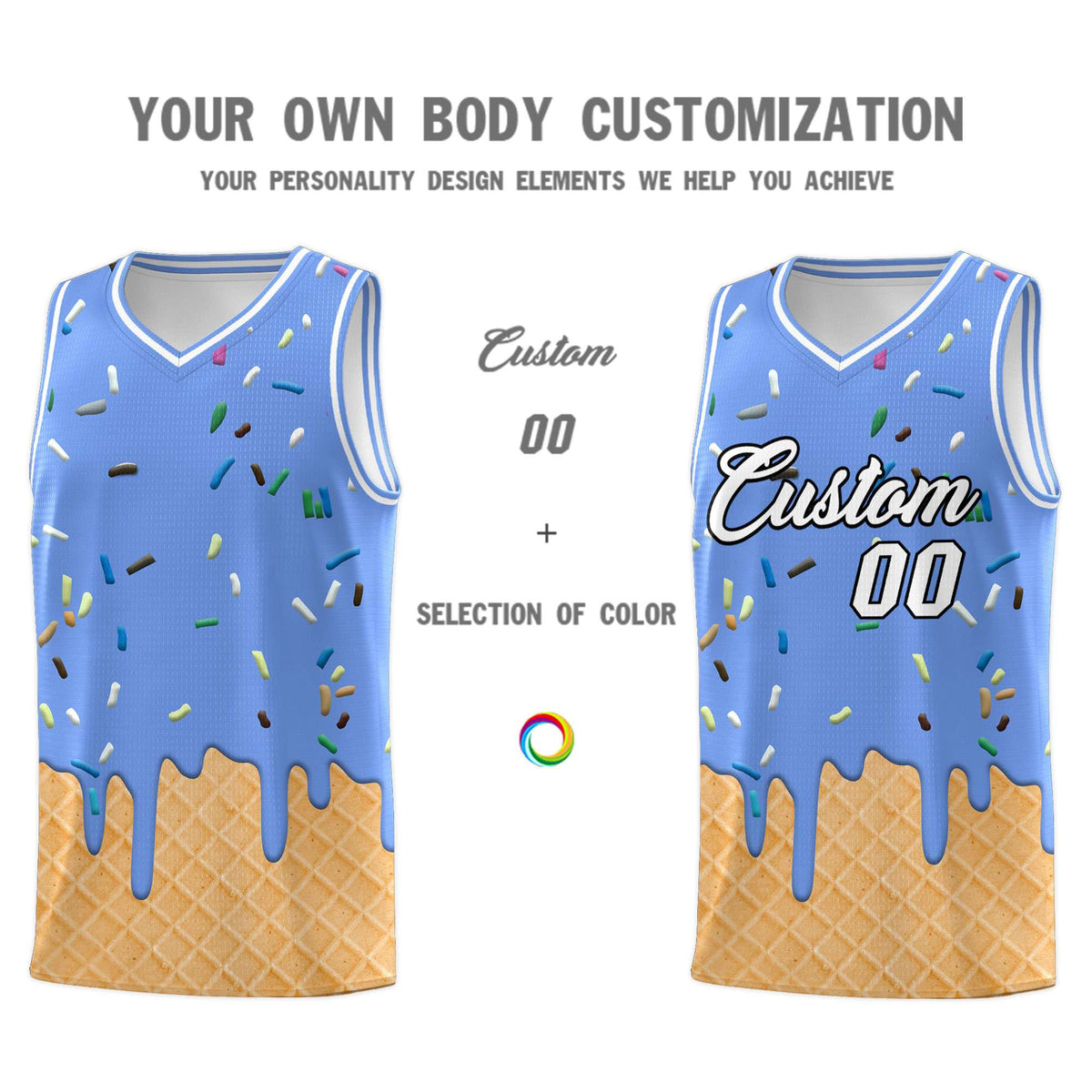 Custom Light Blue Basketball Kits with Ice Cream Element Pattern