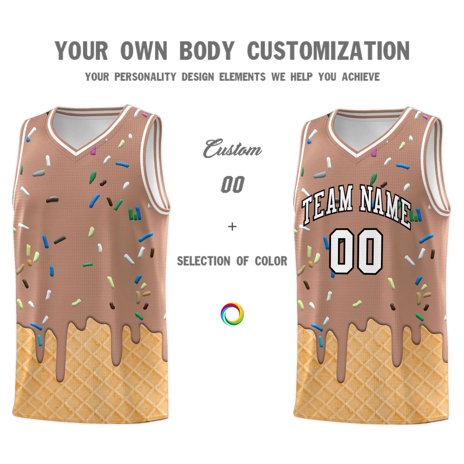 Custom Coffee Basketball Kits with Ice Cream Element Pattern
