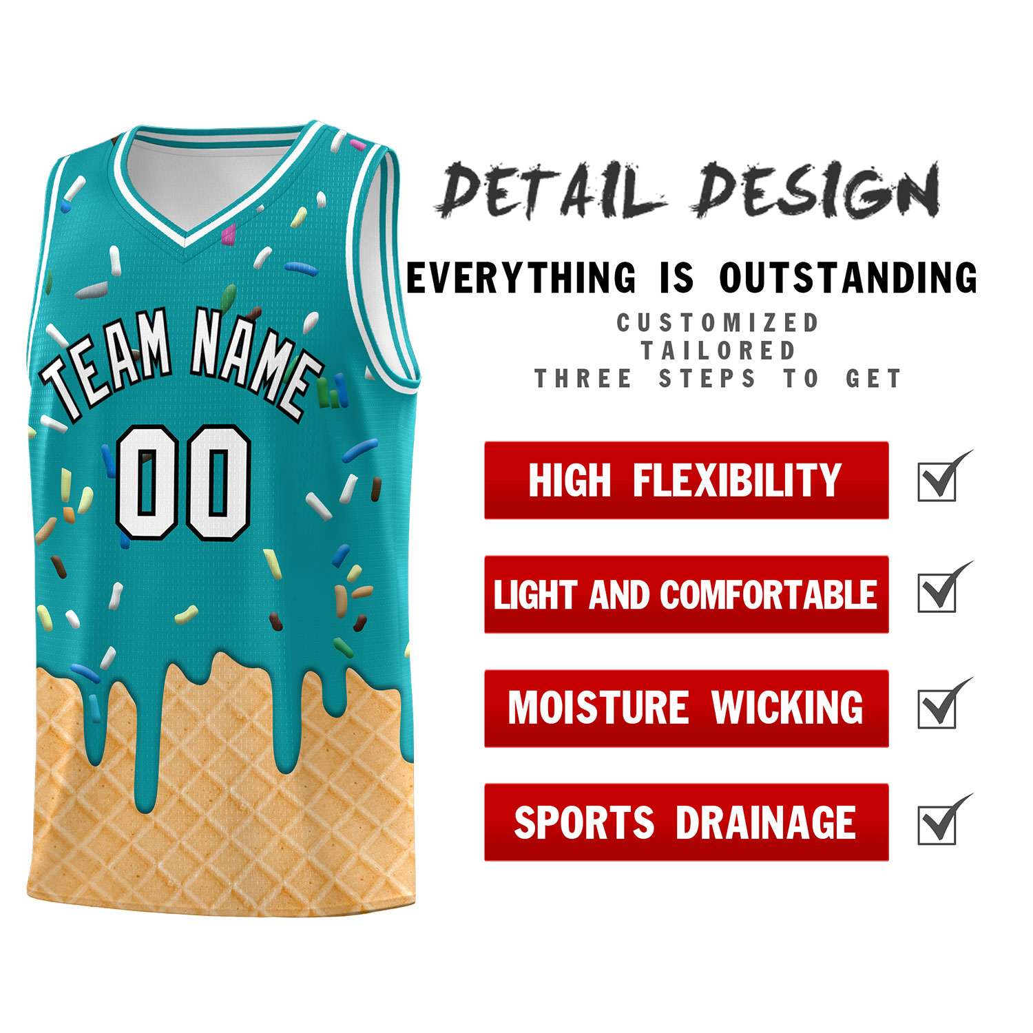 Custom Aqua Basketball Kits with Ice Cream Element Pattern