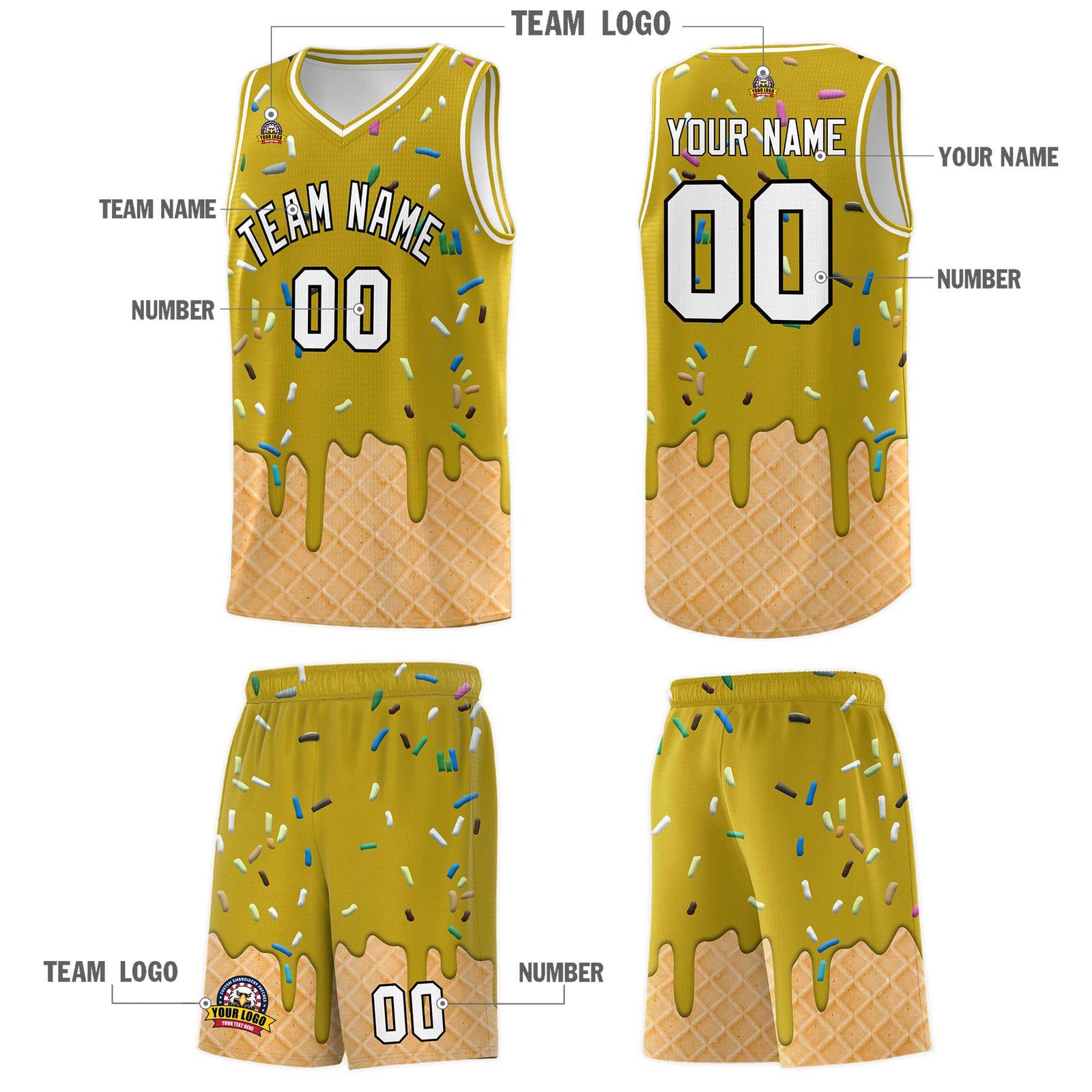 Custom Old Gold Basketball Kits with Ice Cream Element Pattern