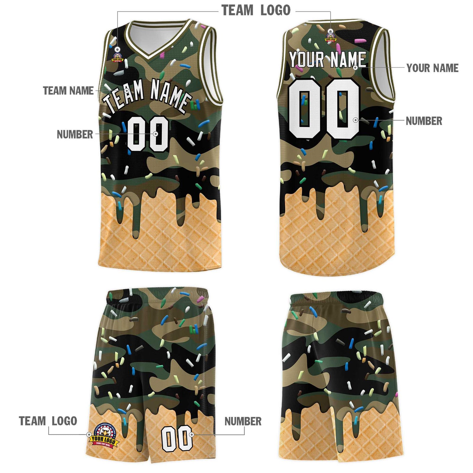 Custom Camo Basketball Kits with Ice Cream Element Pattern