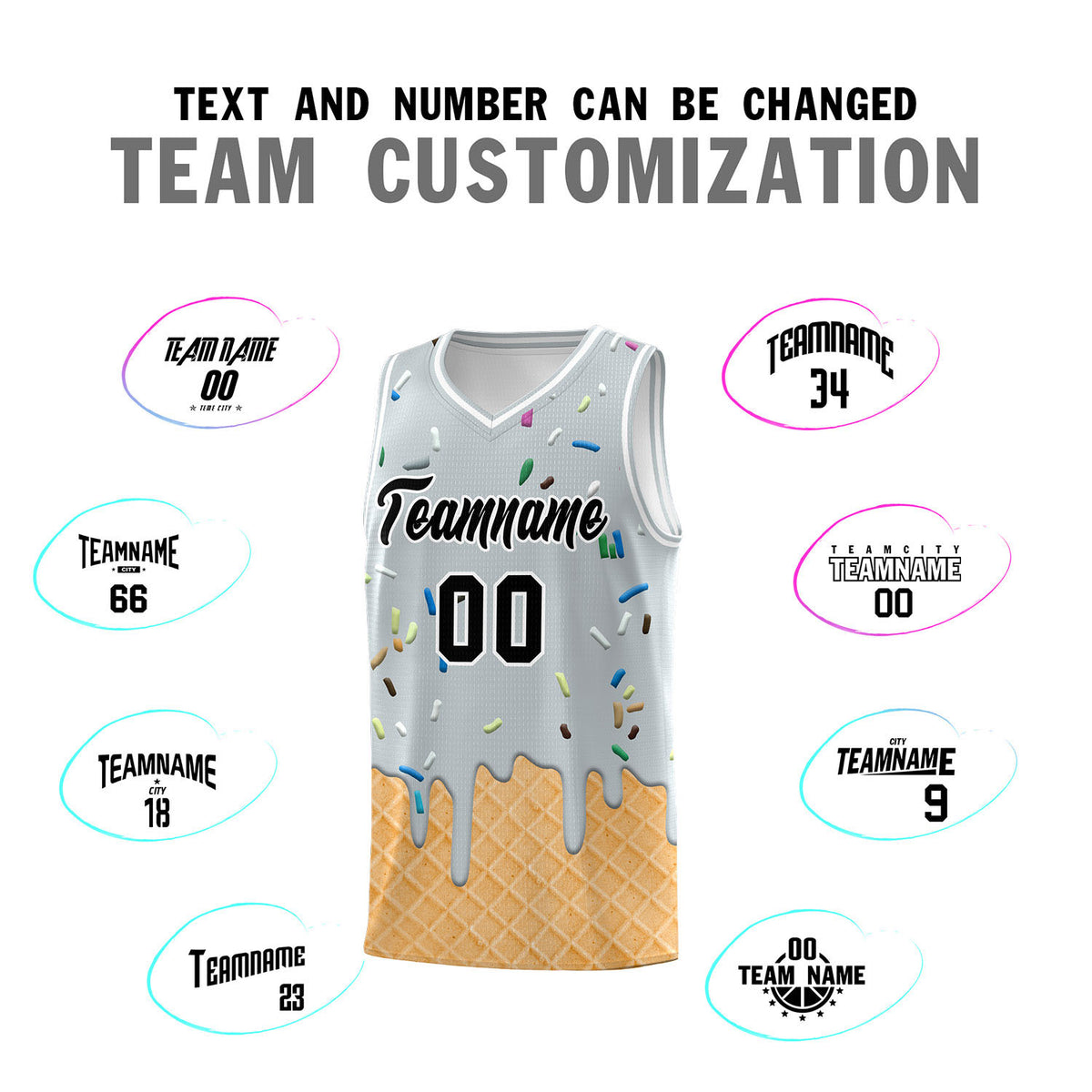 Custom Silver Basketball Kits with Ice Cream Element Pattern