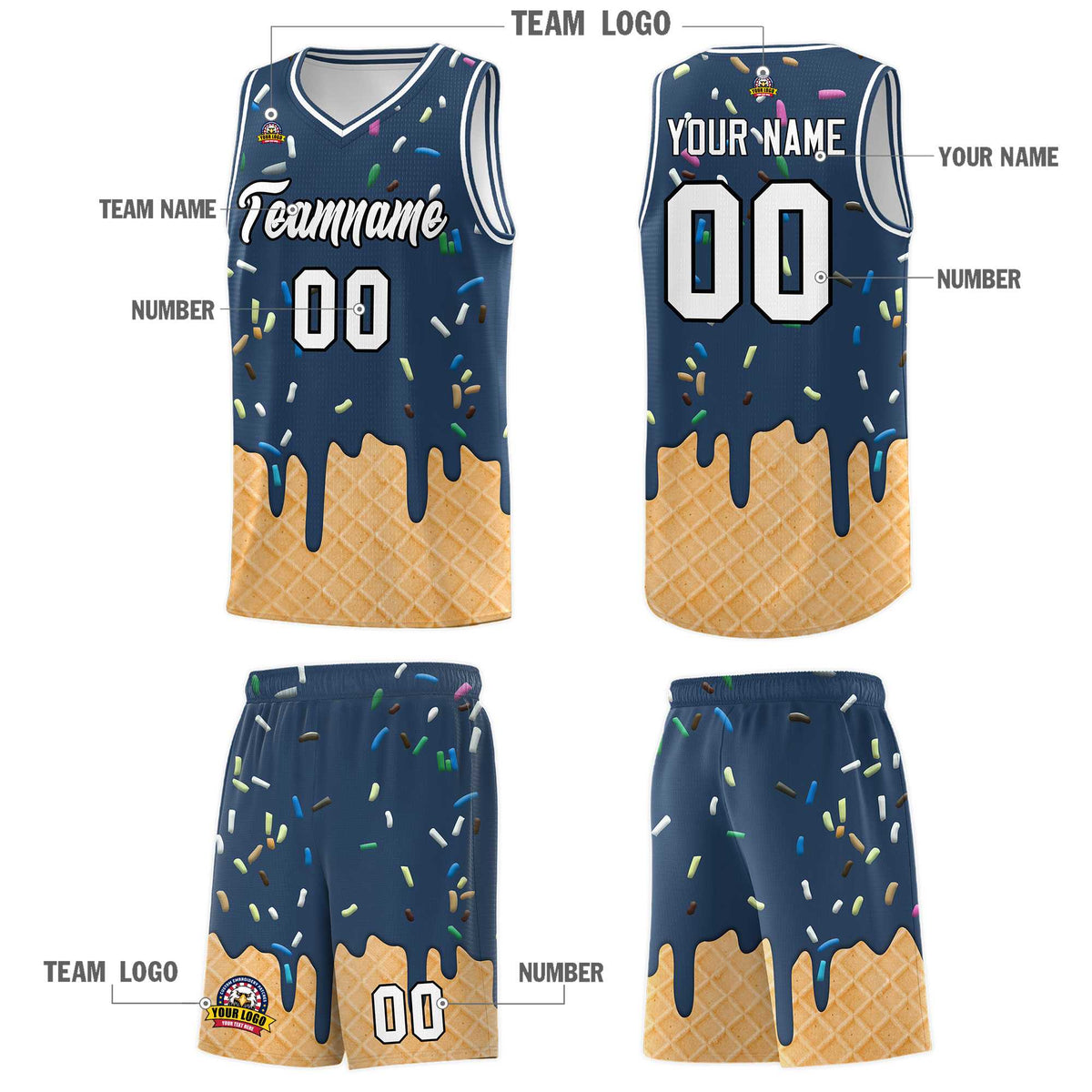 Custom Midnight Blue Basketball Kits with Ice Cream Element Pattern