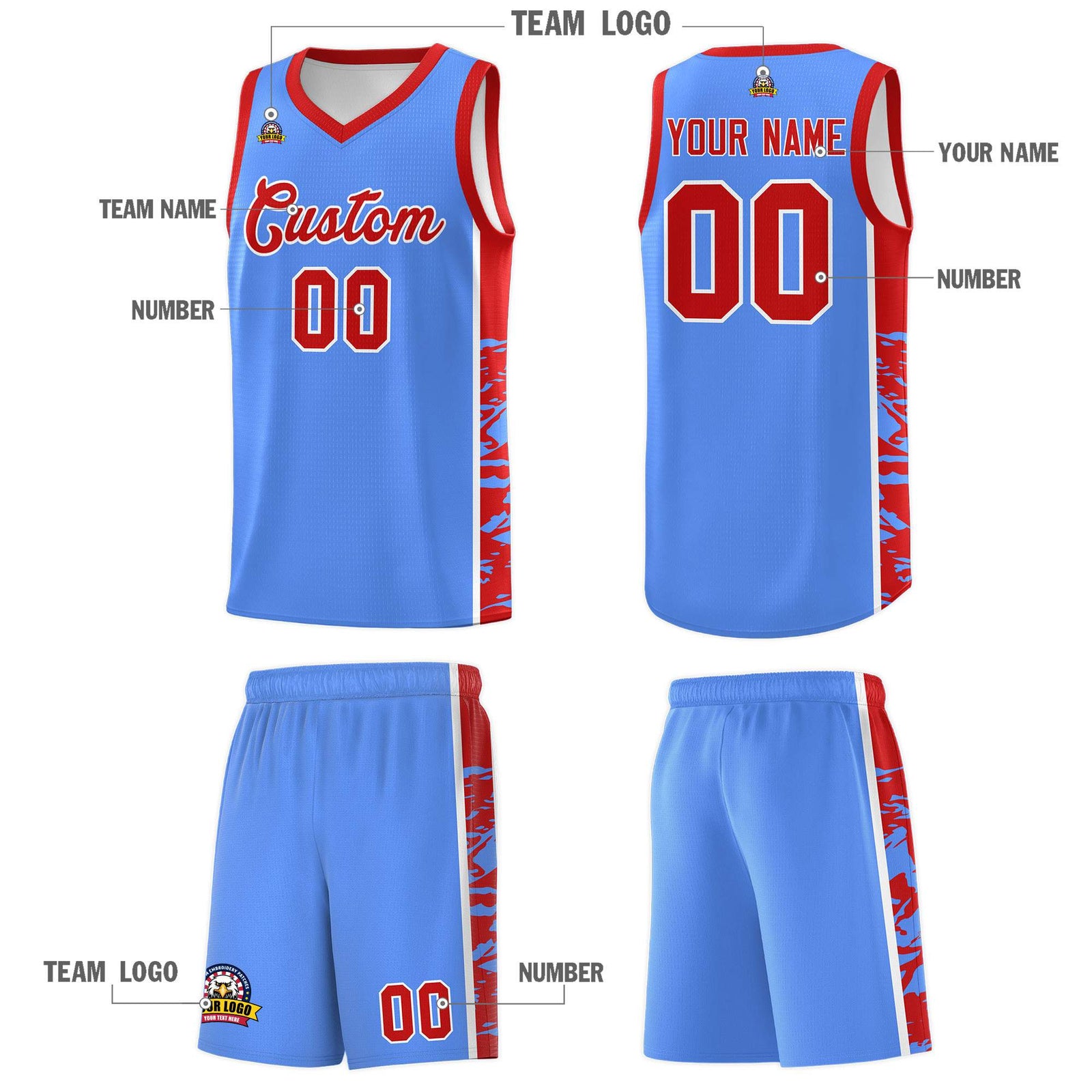 Custom Powder Blue Red Side Gradient Pattern Basketball Kits
