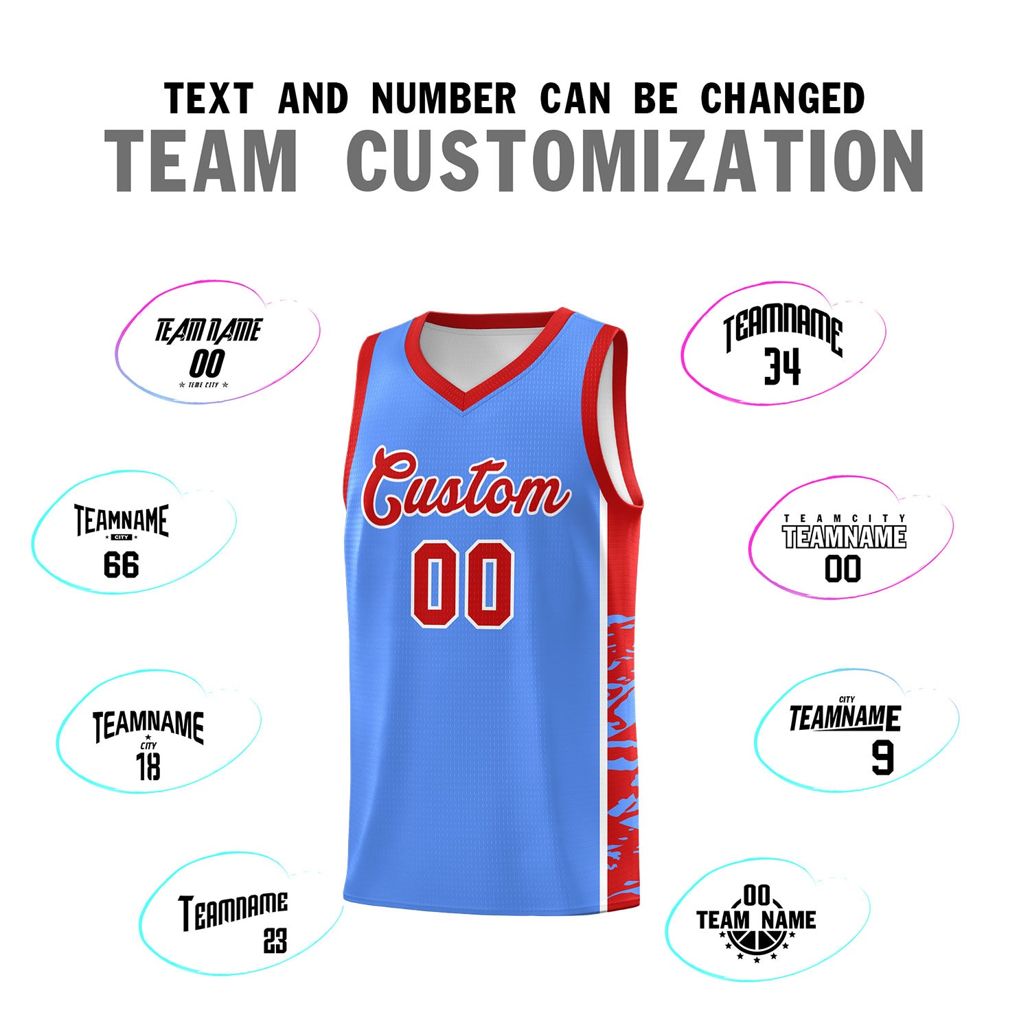 Custom Powder Blue Red Side Gradient Pattern Basketball Kits