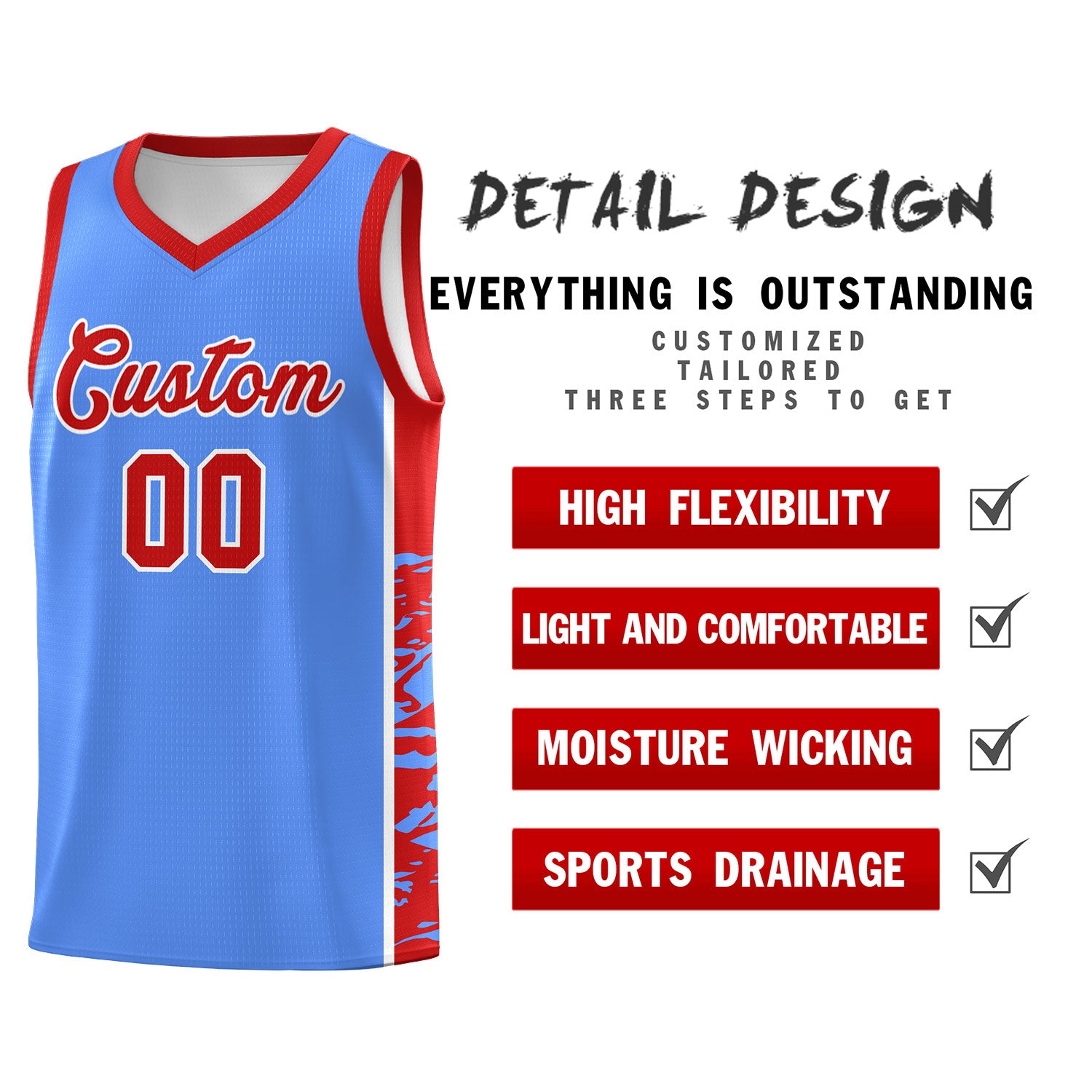 Custom Powder Blue Red Side Gradient Pattern Basketball Kits