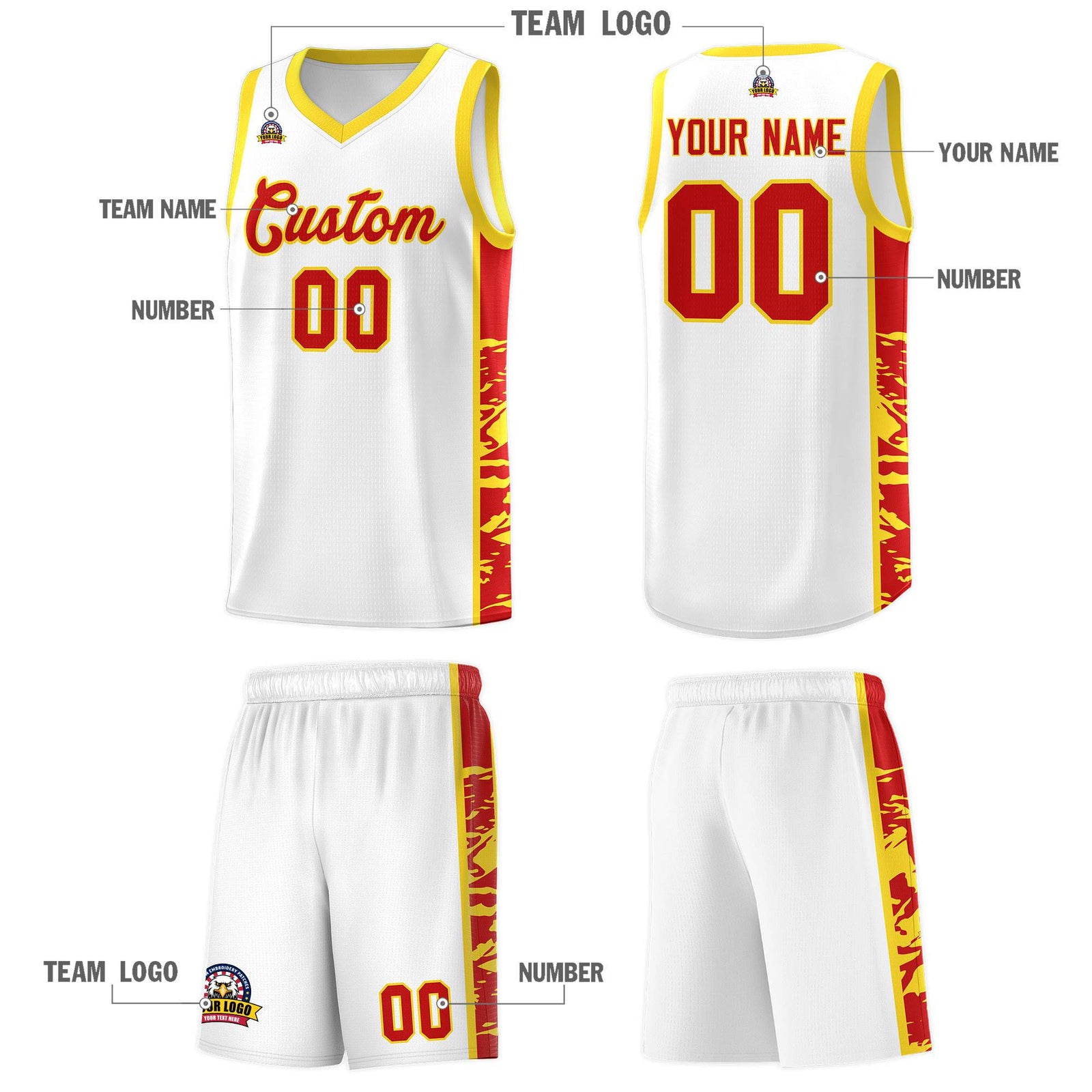 Custom White Gold Side Gradient Pattern Basketball Kits