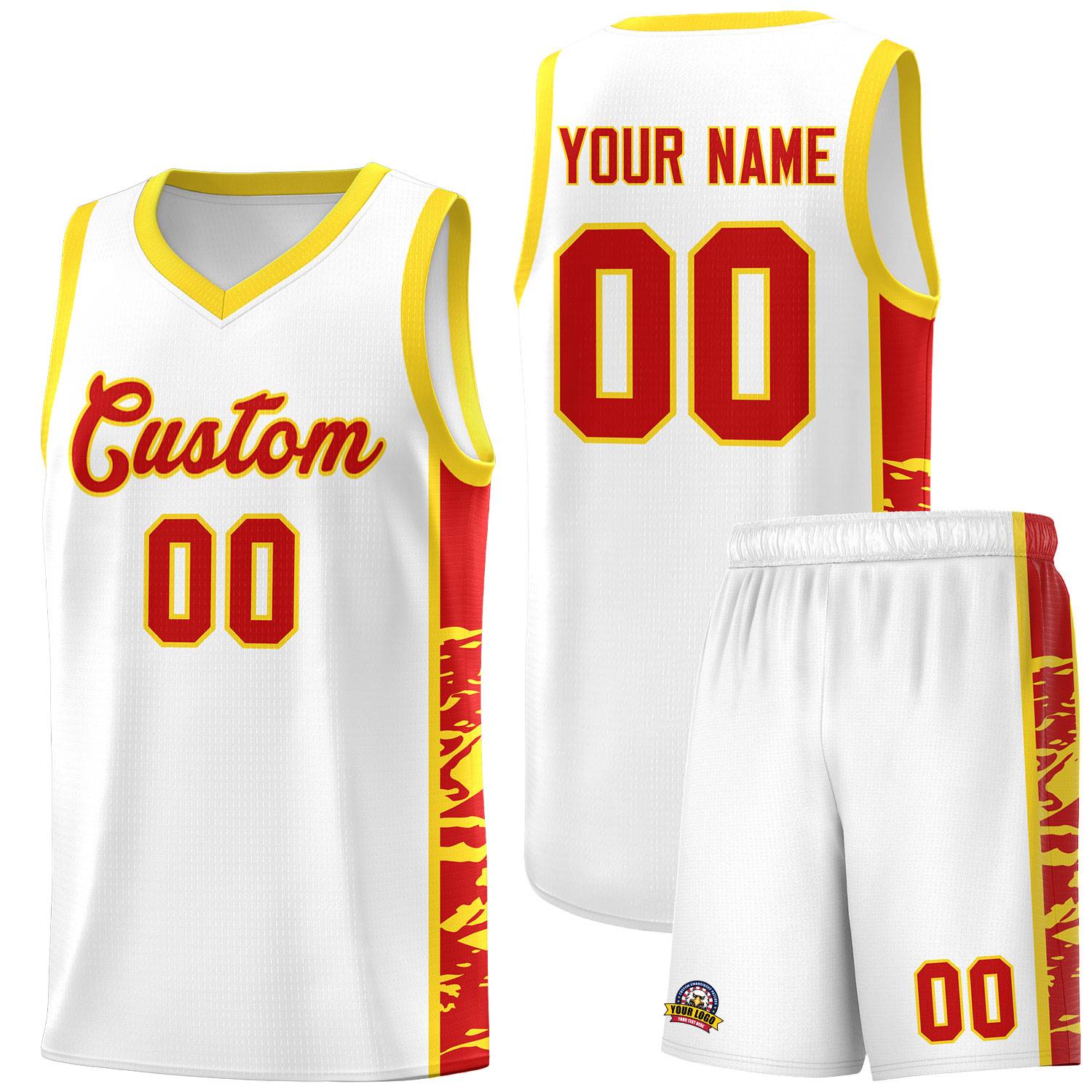Custom White Gold Side Gradient Pattern Basketball Kits