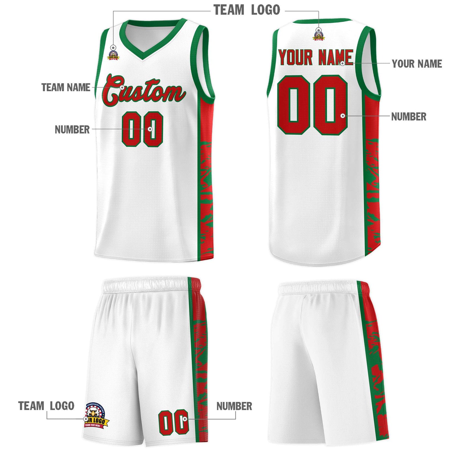 Custom White Kelly Green Side Gradient Pattern Basketball Kits