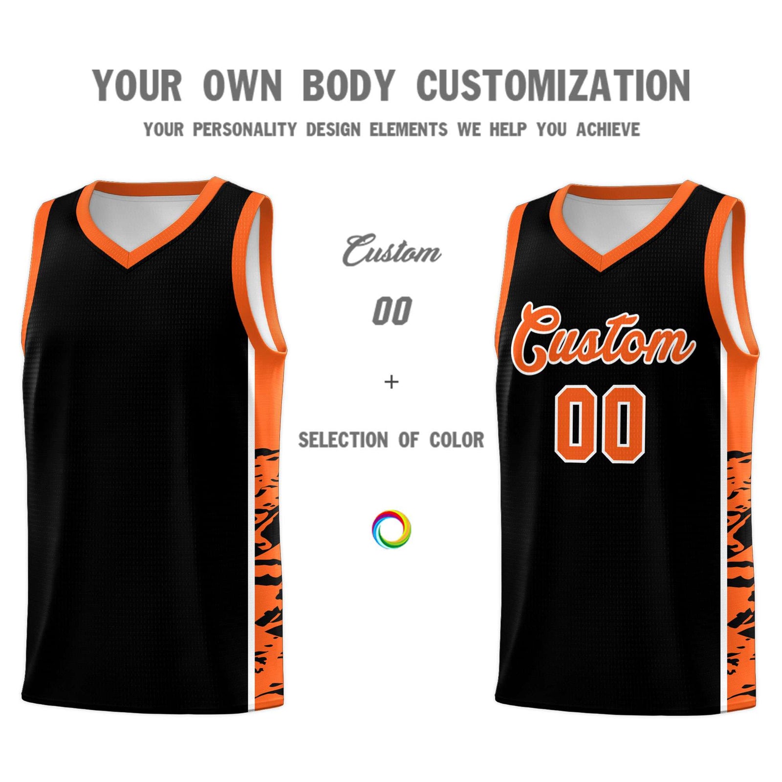 Custom Black Orange Side Gradient Pattern Basketball Kits
