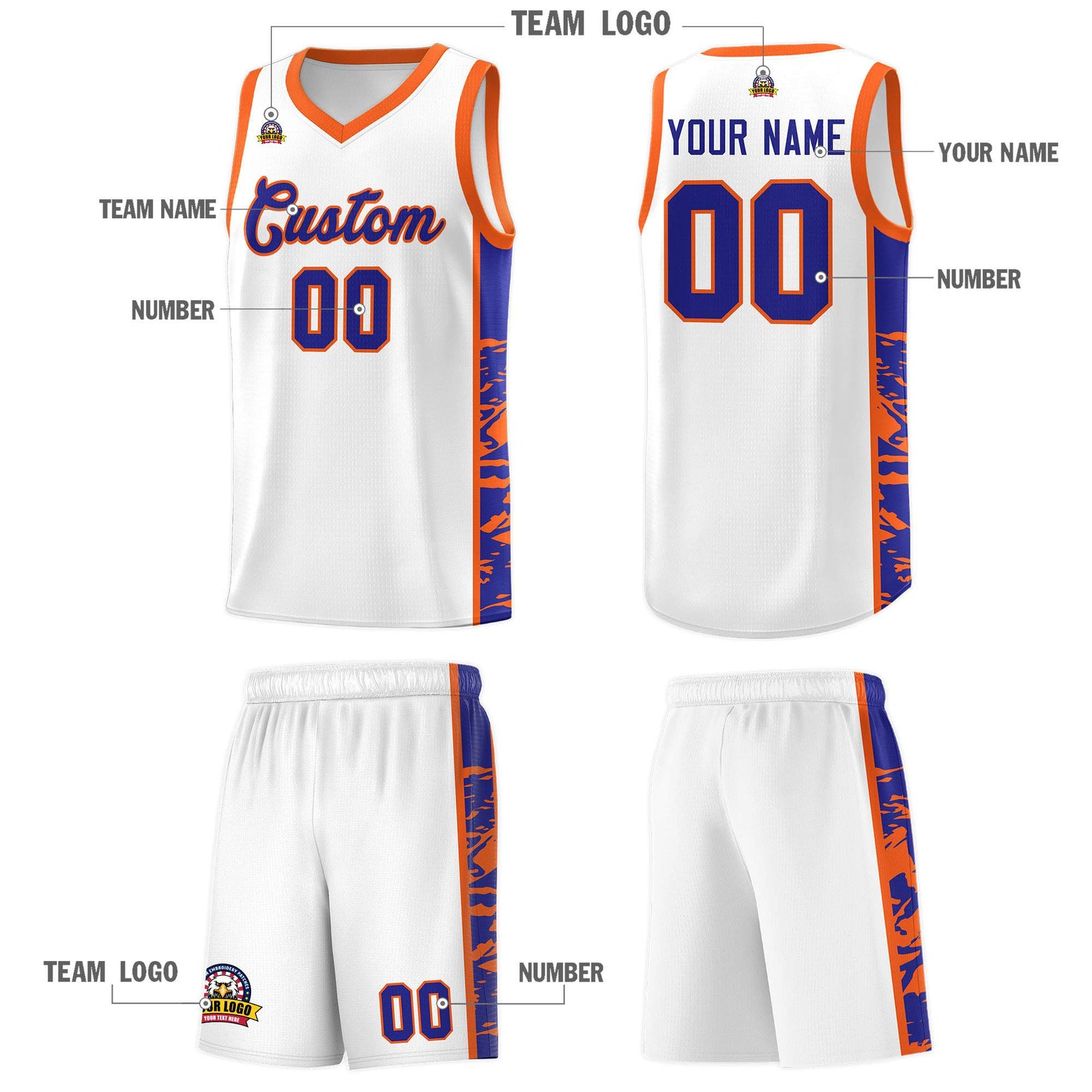 Custom White Orange Side Gradient Pattern Basketball Kits