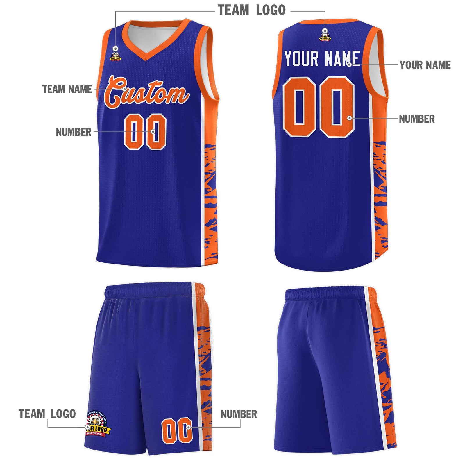 Custom Royal Orange Side Gradient Pattern Basketball Kits