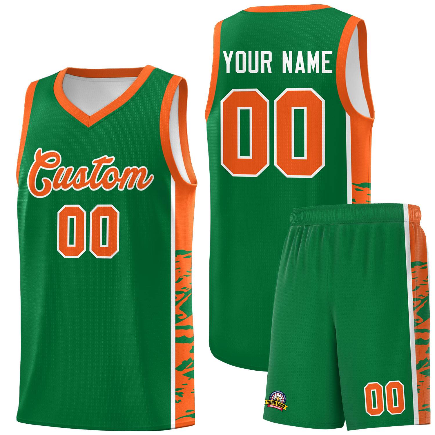 Custom Kelly Green Orange Side Gradient Pattern Basketball Kits