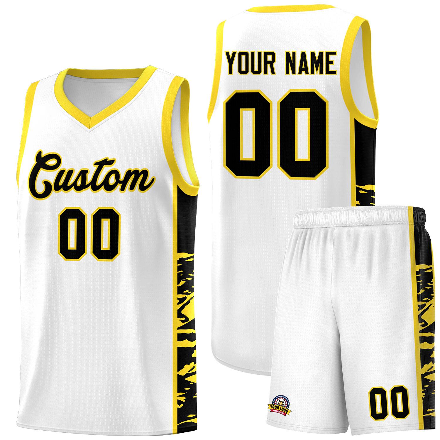 Custom White Gold Side Gradient Pattern Basketball Kits