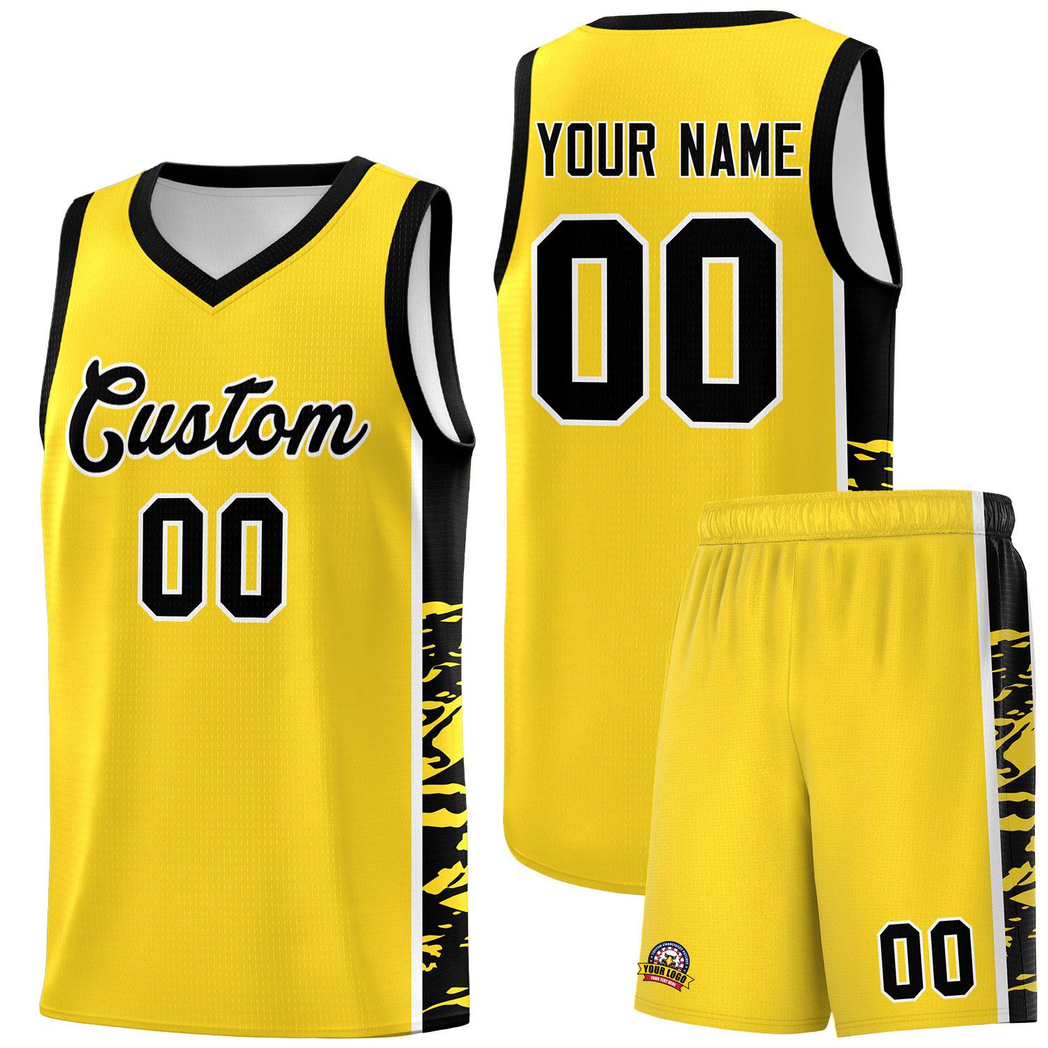 Custom Gold Black Side Gradient Pattern Basketball Kits