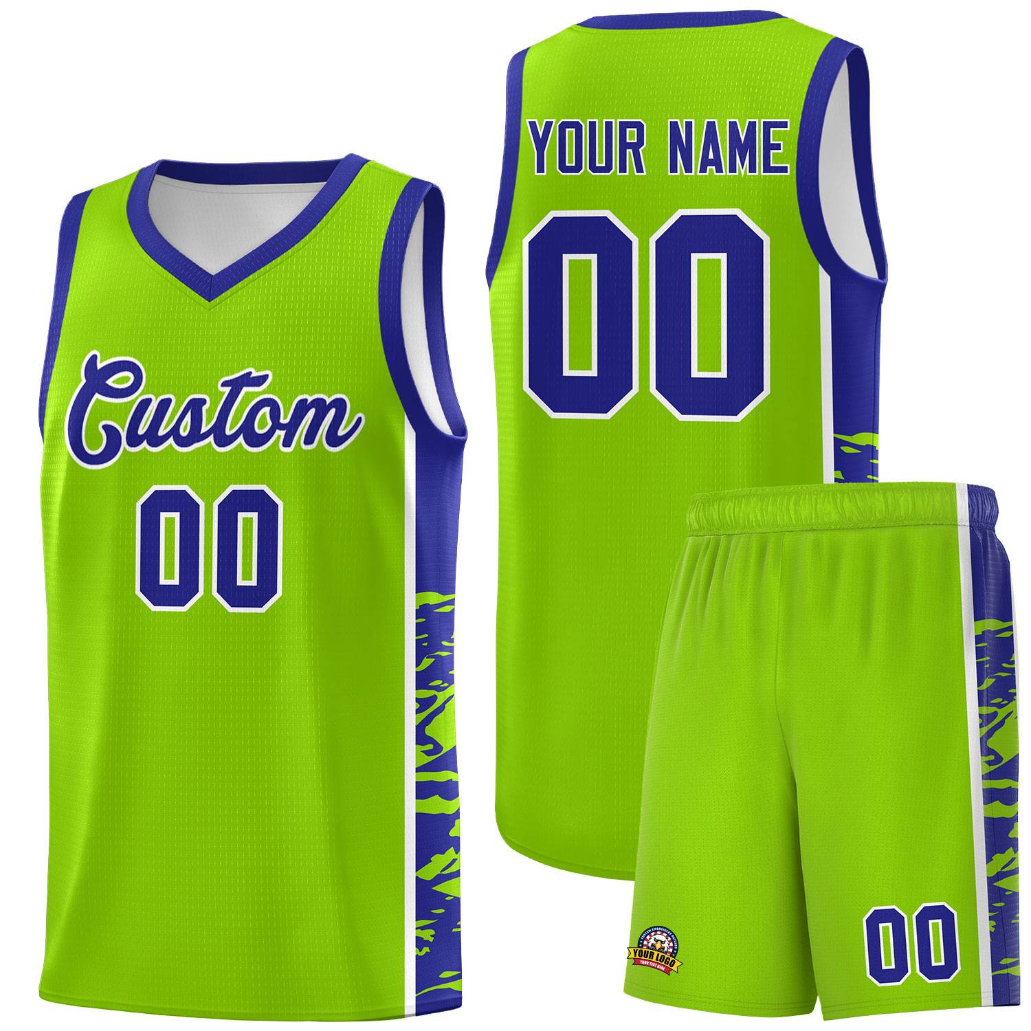 Custom Neon Green Royal Side Gradient Pattern Basketball Kits