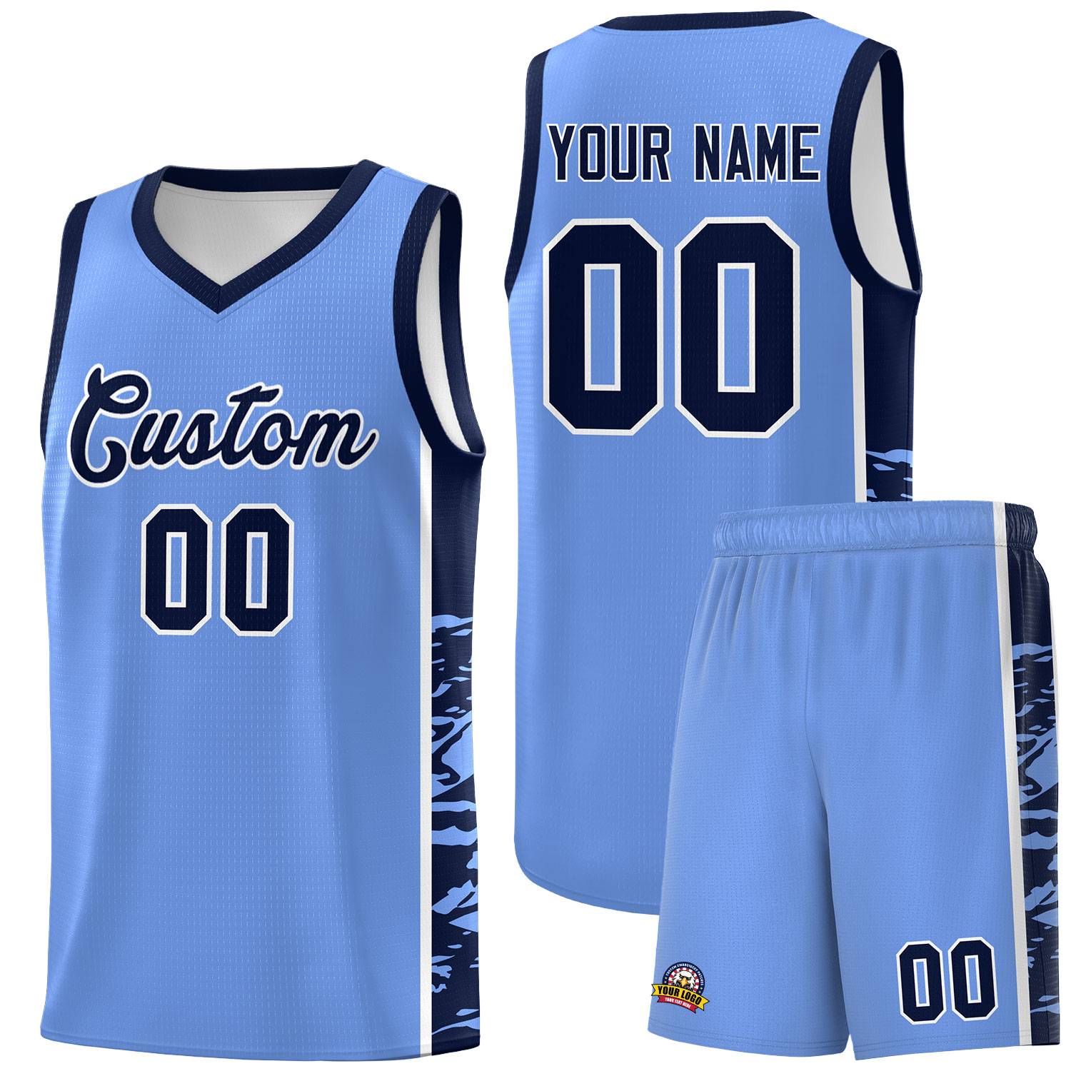 Custom Light Blue Navy Side Gradient Pattern Basketball Kits