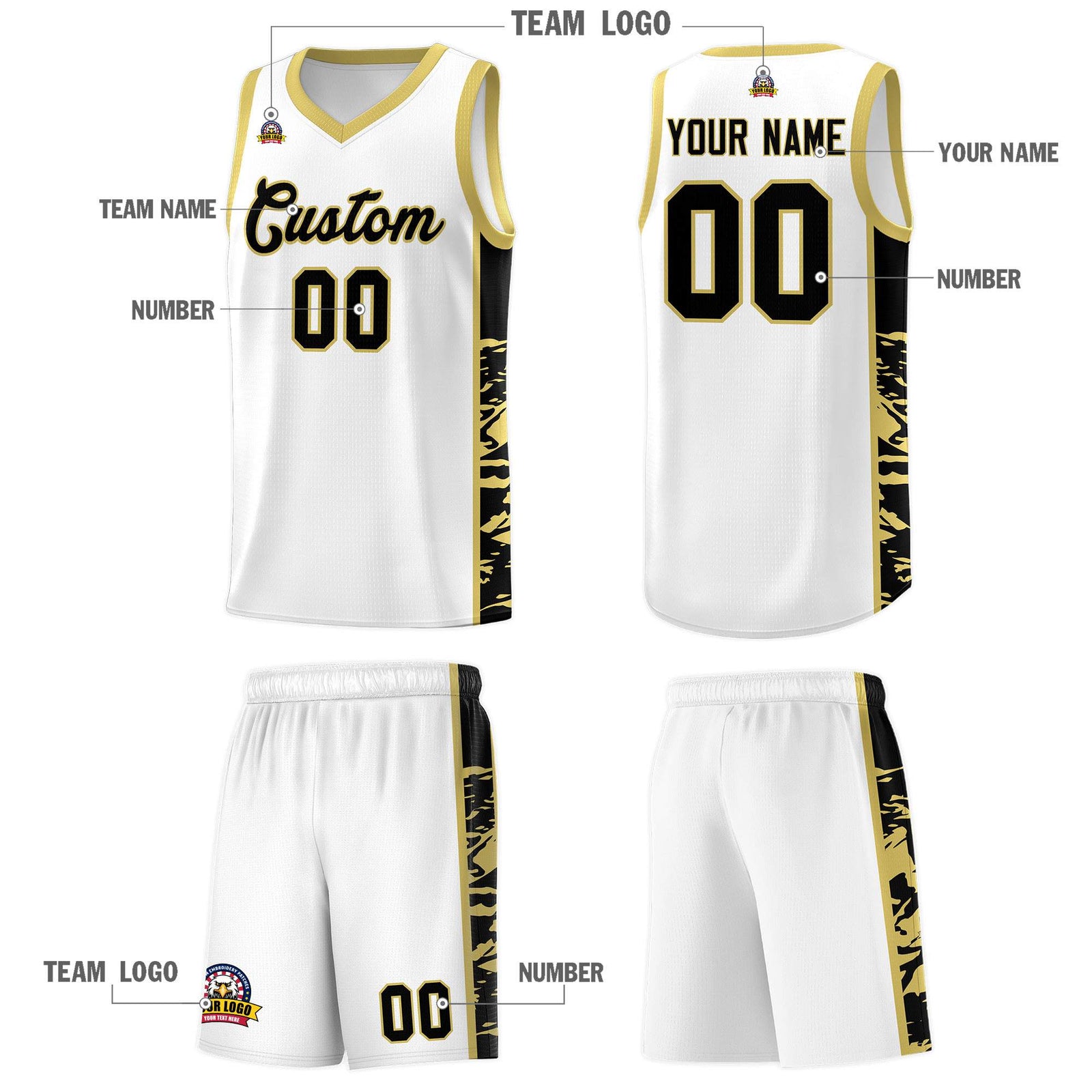 Custom White Old Gold Side Gradient Pattern Basketball Kits