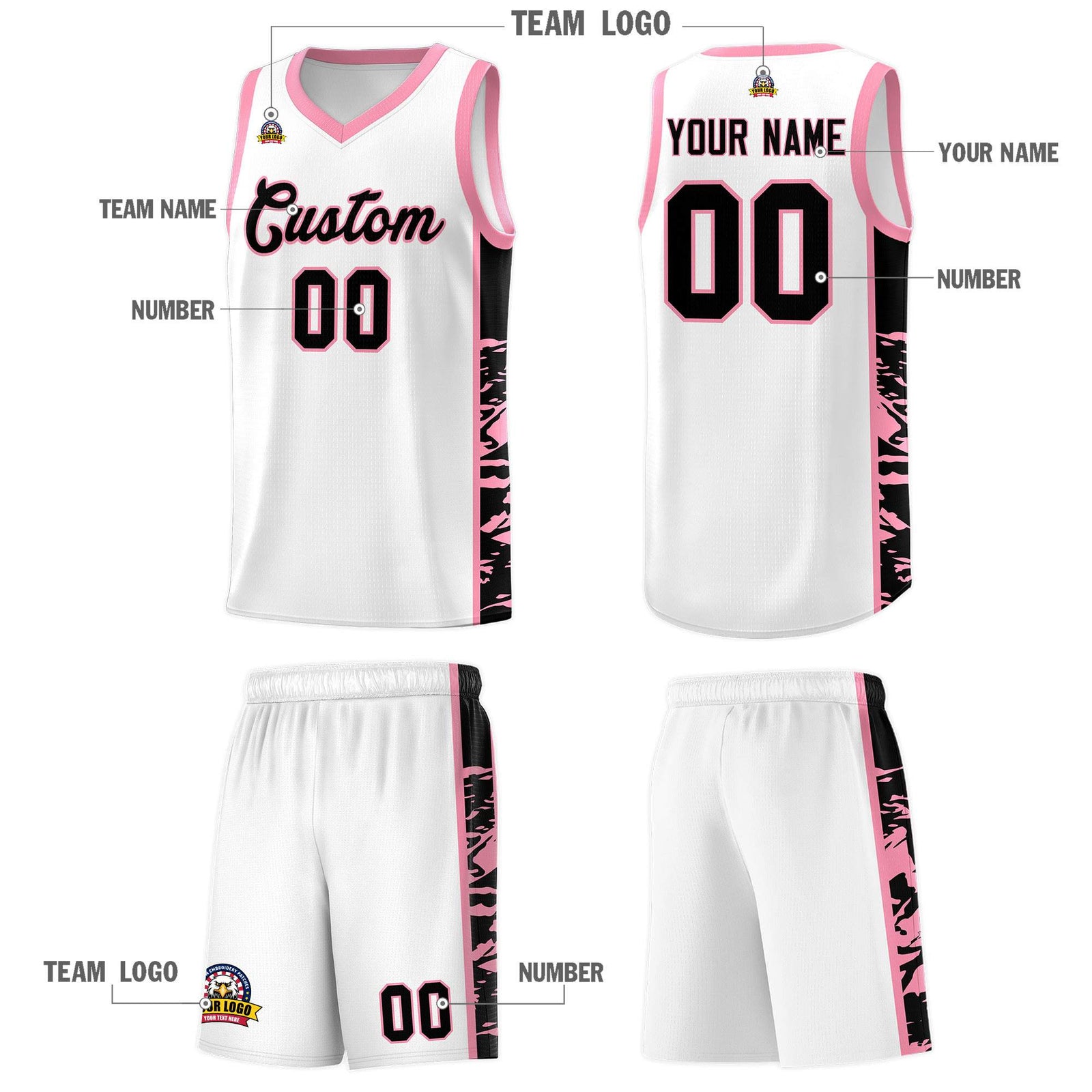 Custom White Light Pink Side Gradient Pattern Basketball Kits