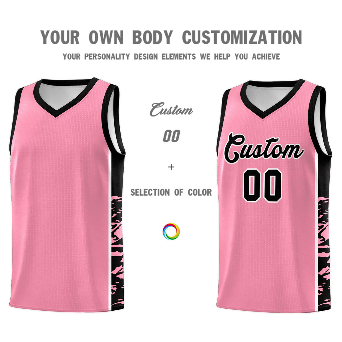 Custom Light Pink Black Side Gradient Pattern Basketball Kits