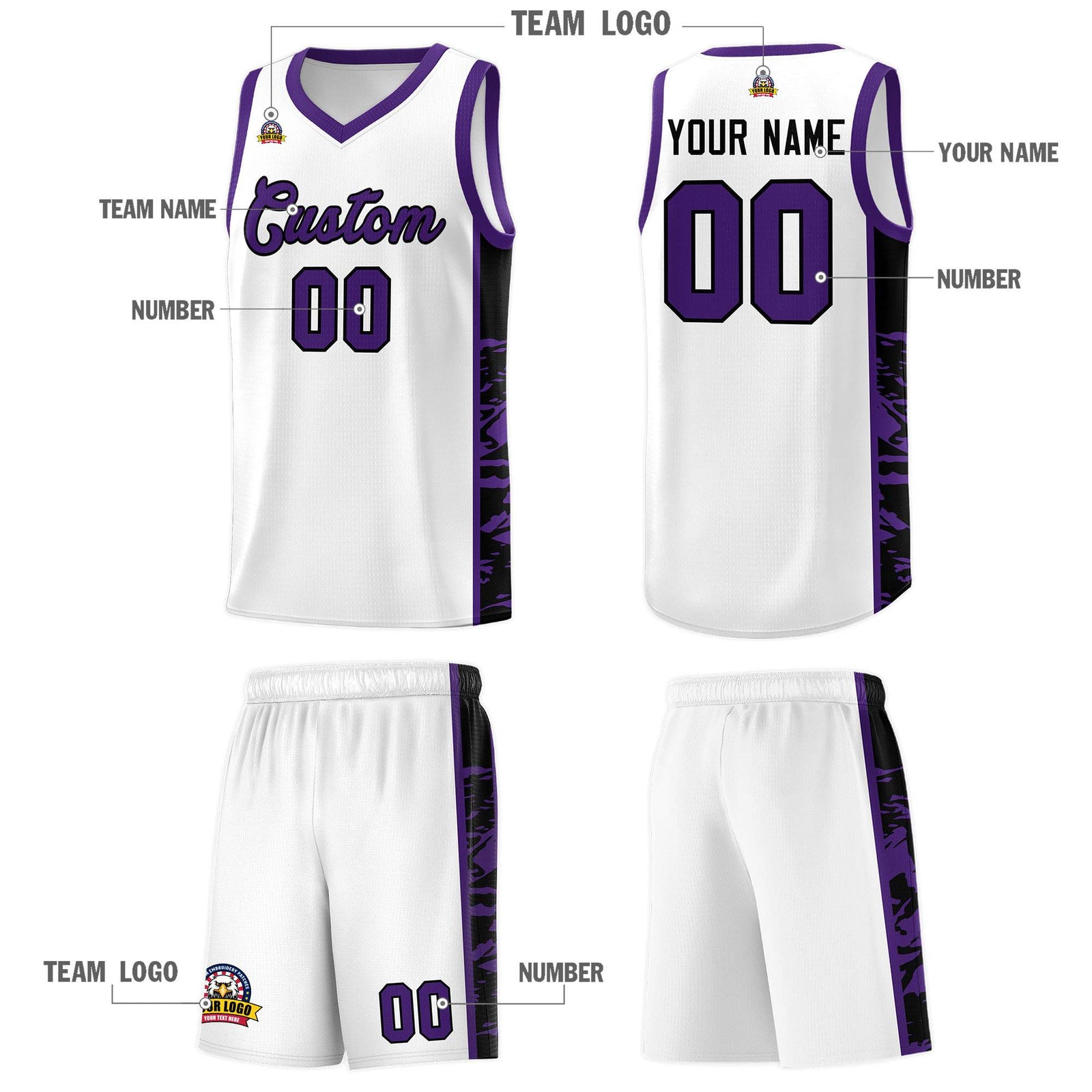 Custom White Purple Side Gradient Pattern Basketball Kits