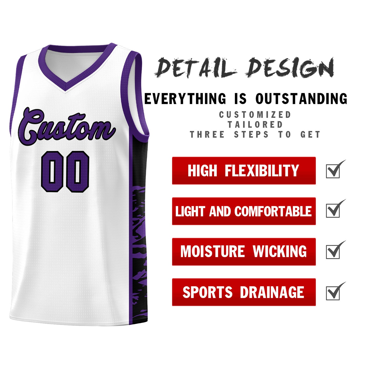 Custom White Purple Side Gradient Pattern Basketball Kits
