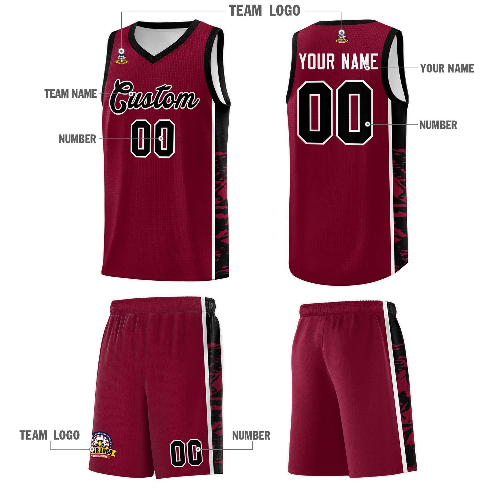 Custom Crimson Black Side Gradient Pattern Basketball Kits