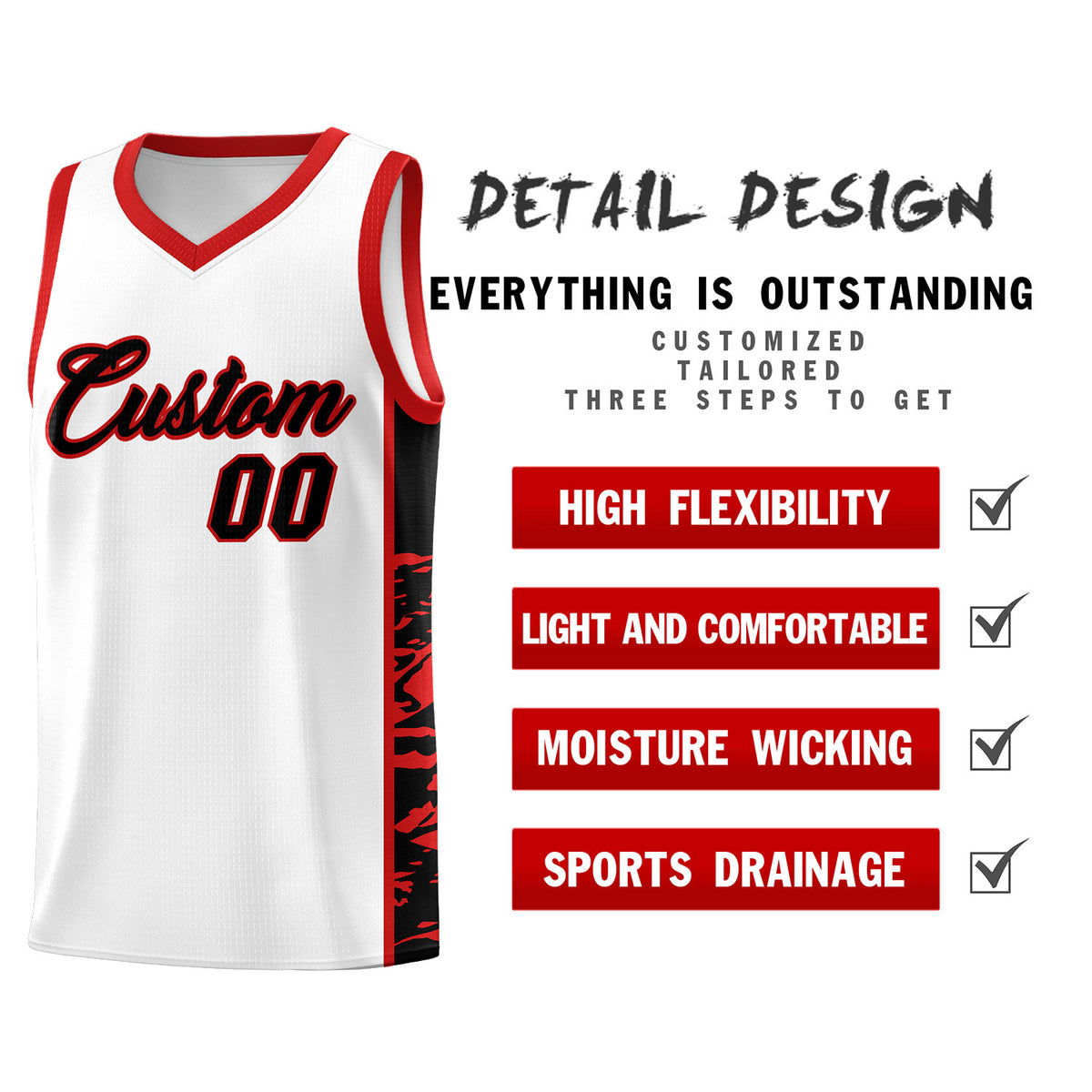 Custom White Red Side Gradient Pattern Basketball Kits