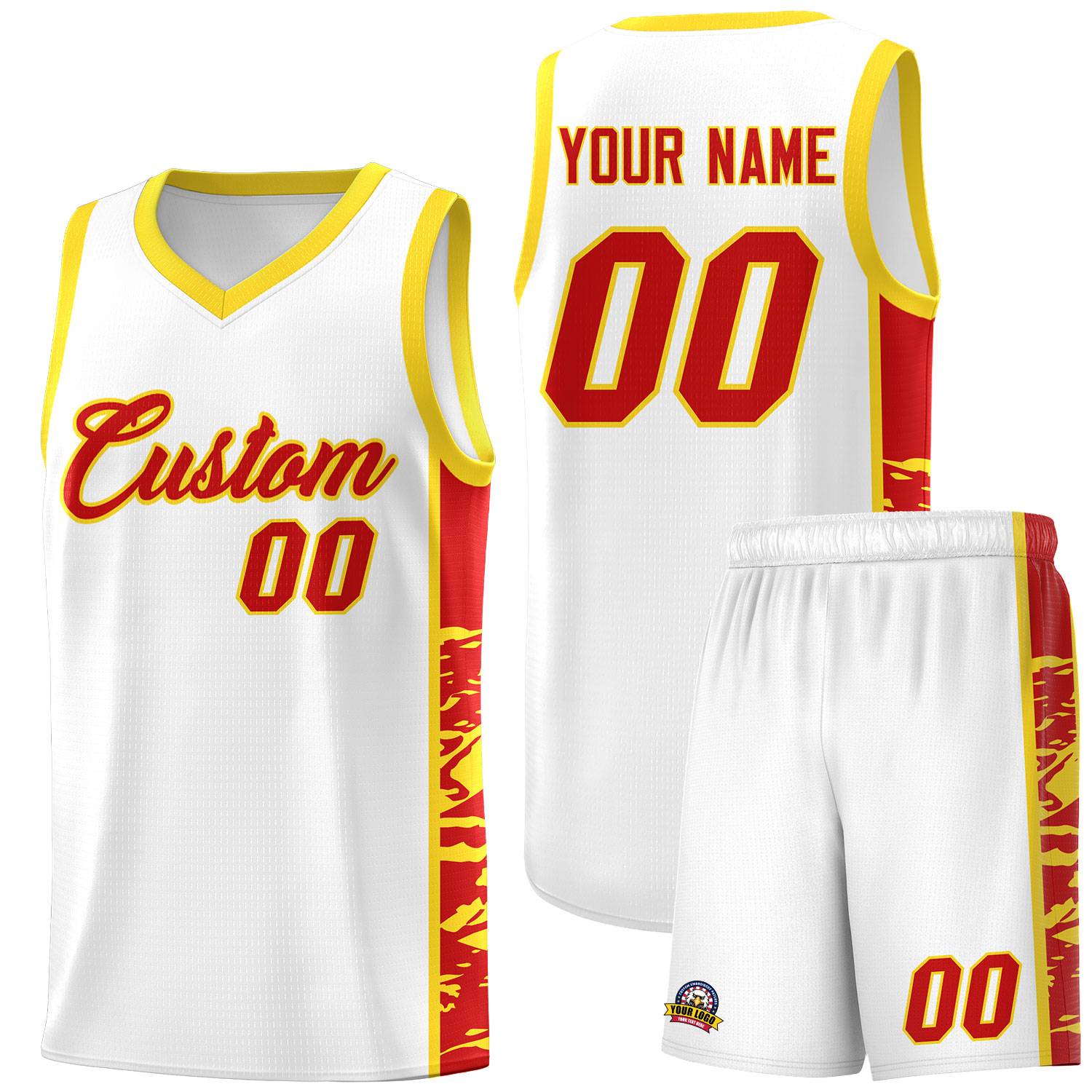 Custom White Gold Side Gradient Pattern Basketball Kits