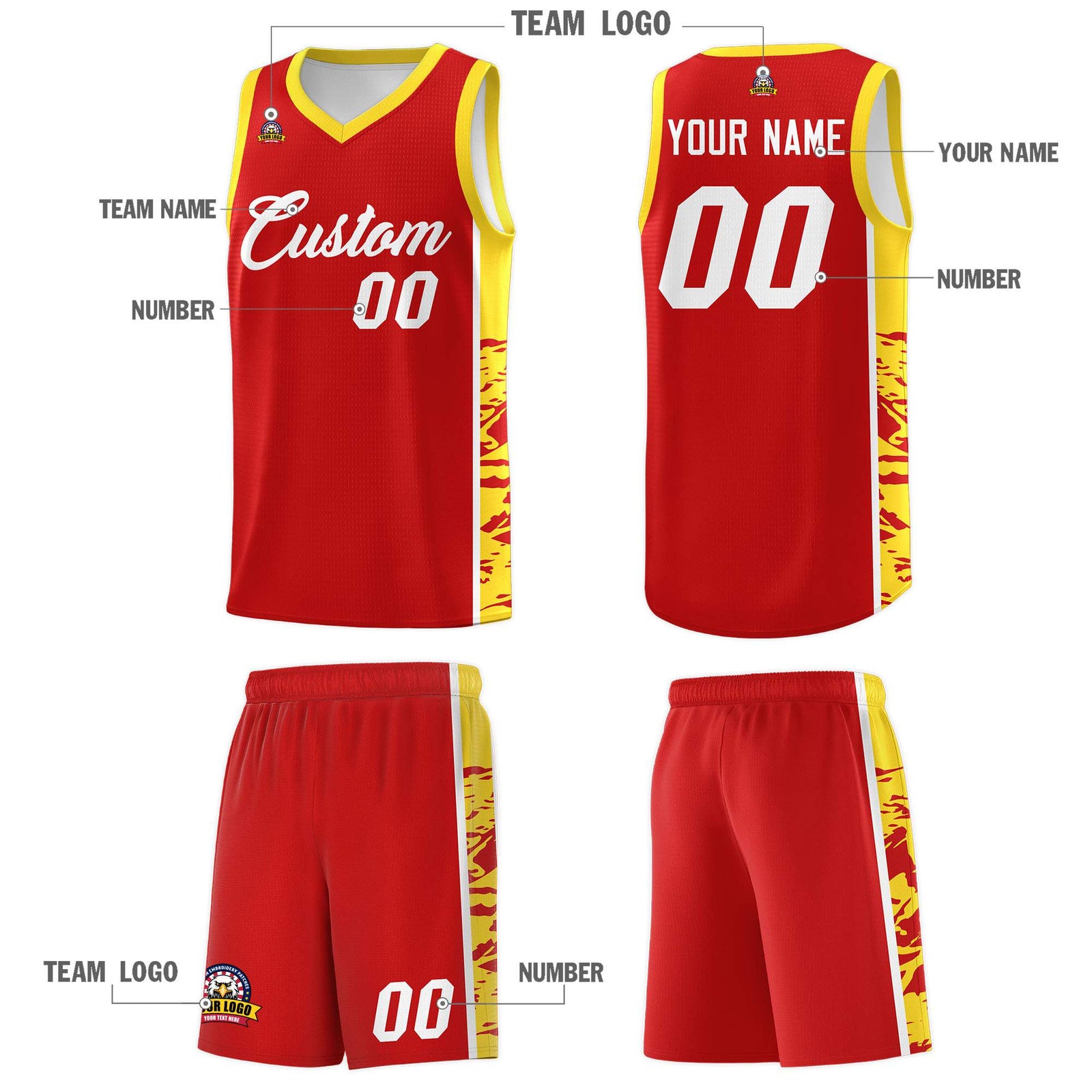 Custom Red Gold Side Gradient Pattern Basketball Kits