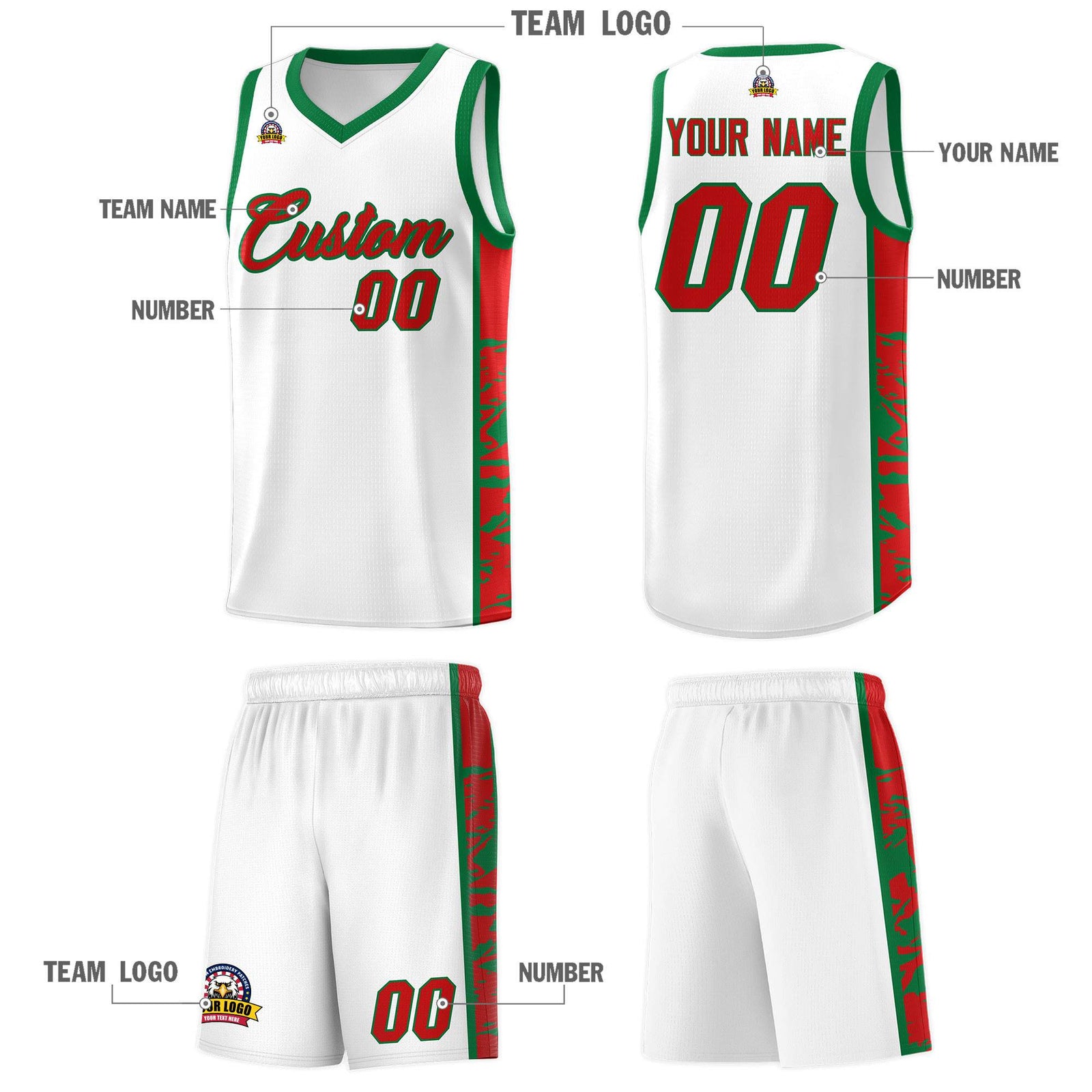 Custom White Kelly Green Side Gradient Pattern Basketball Kits