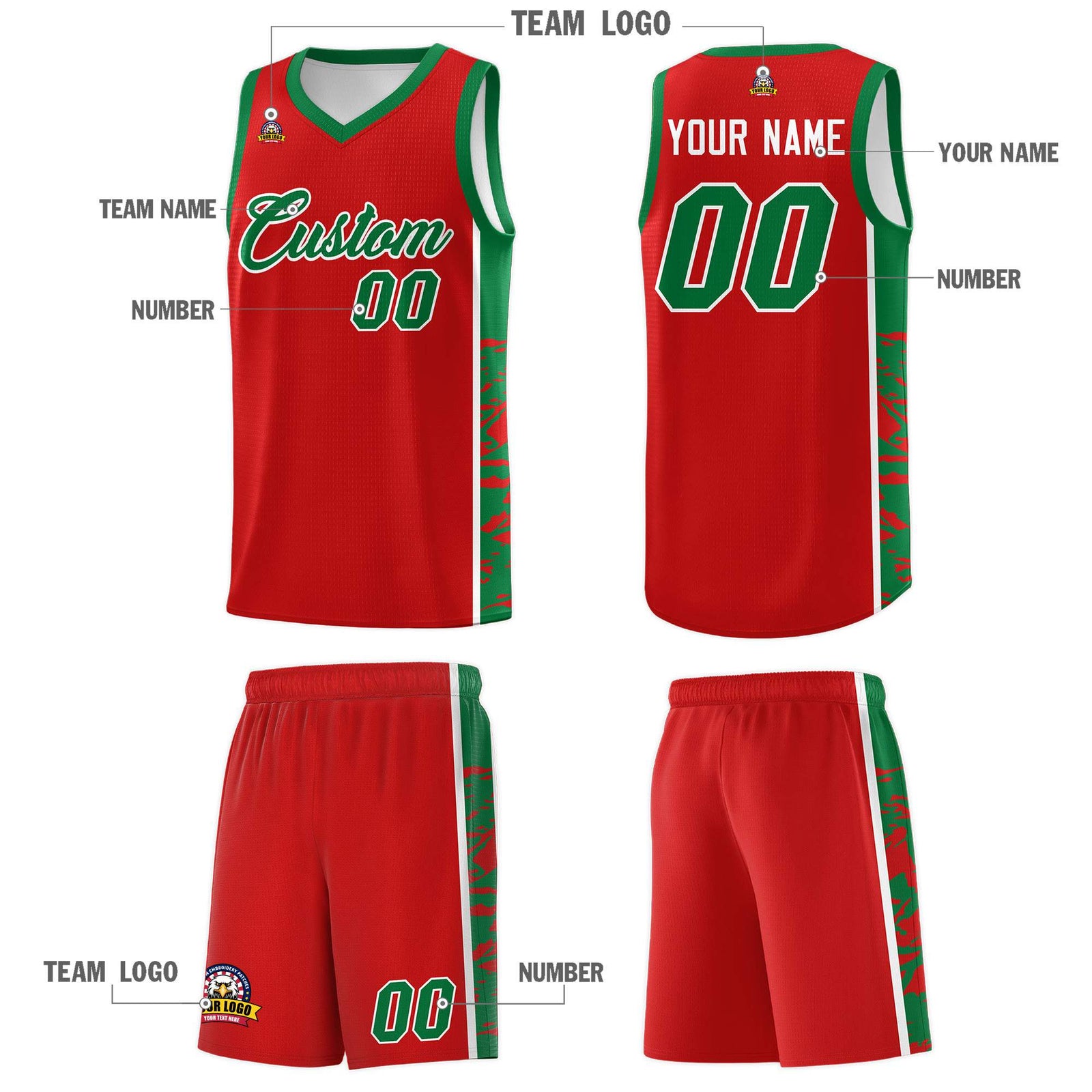 Custom Red Kelly Green Side Gradient Pattern Basketball Kits