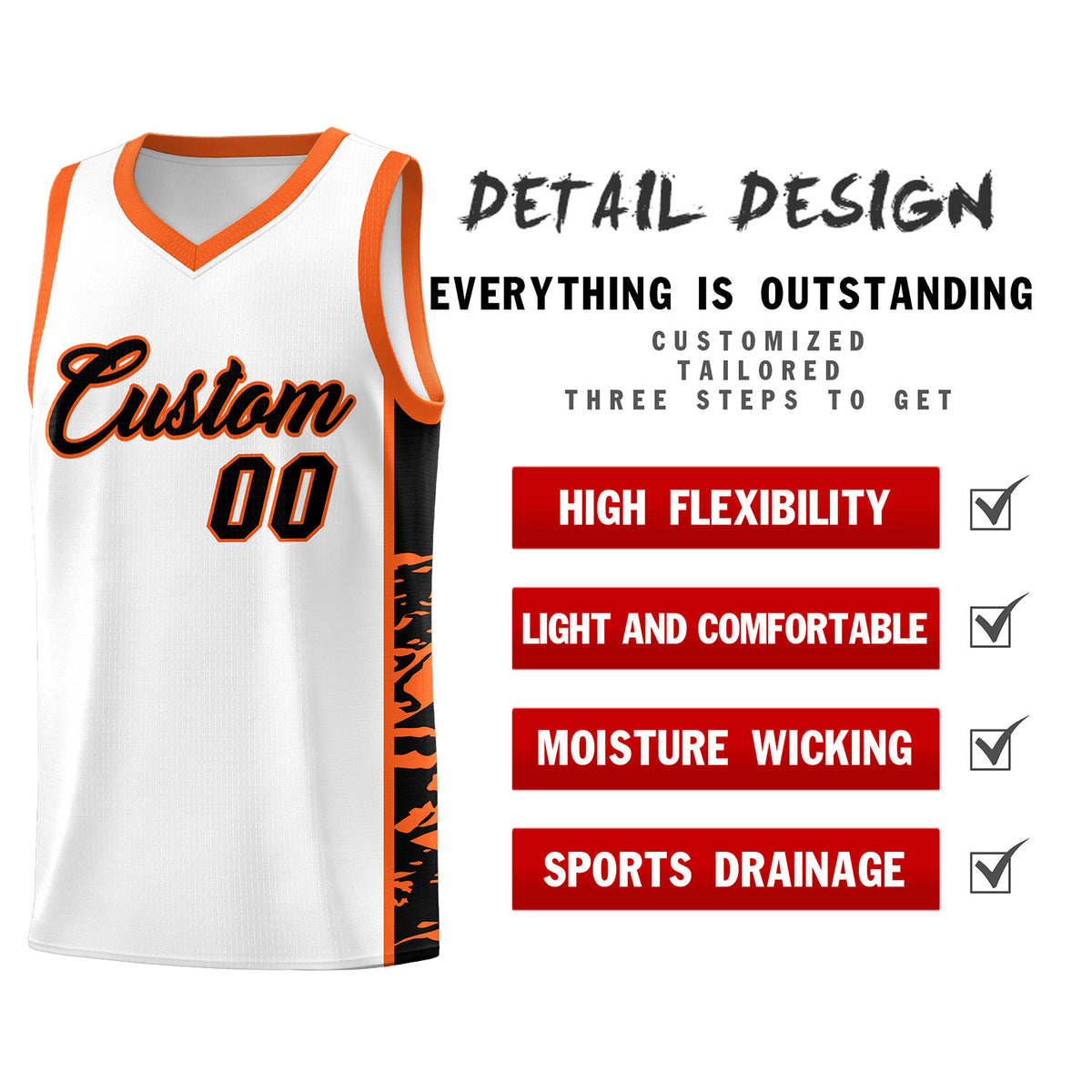 Custom White Orange Side Gradient Pattern Basketball Kits