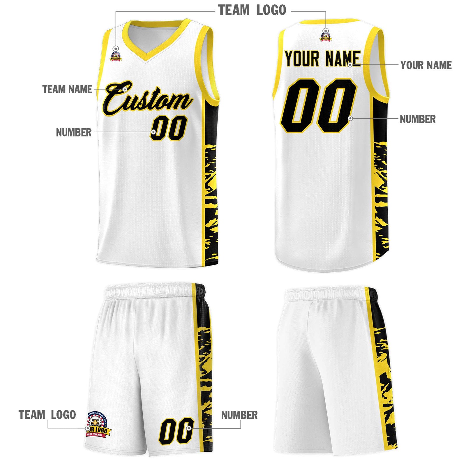 Custom White Gold Side Gradient Pattern Basketball Kits