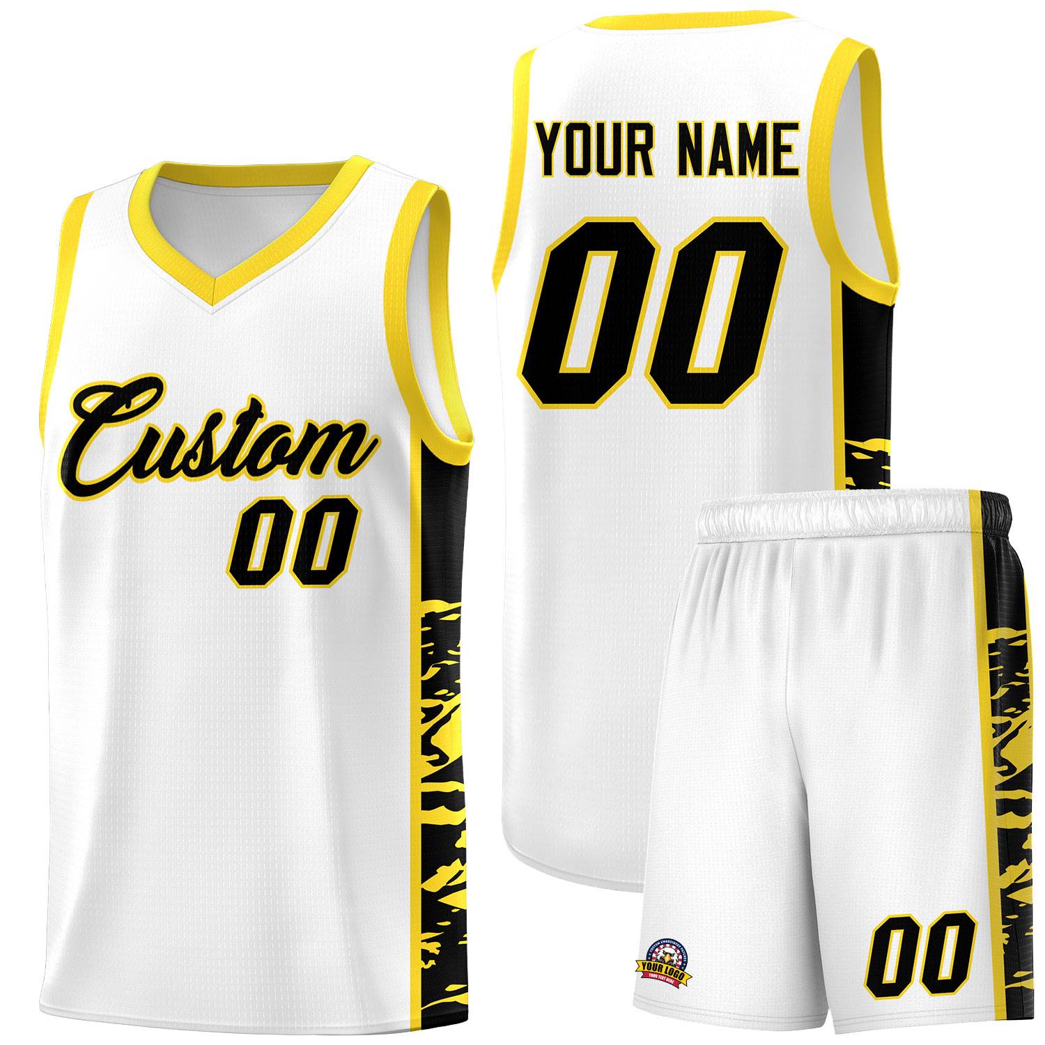 Custom White Gold Side Gradient Pattern Basketball Kits