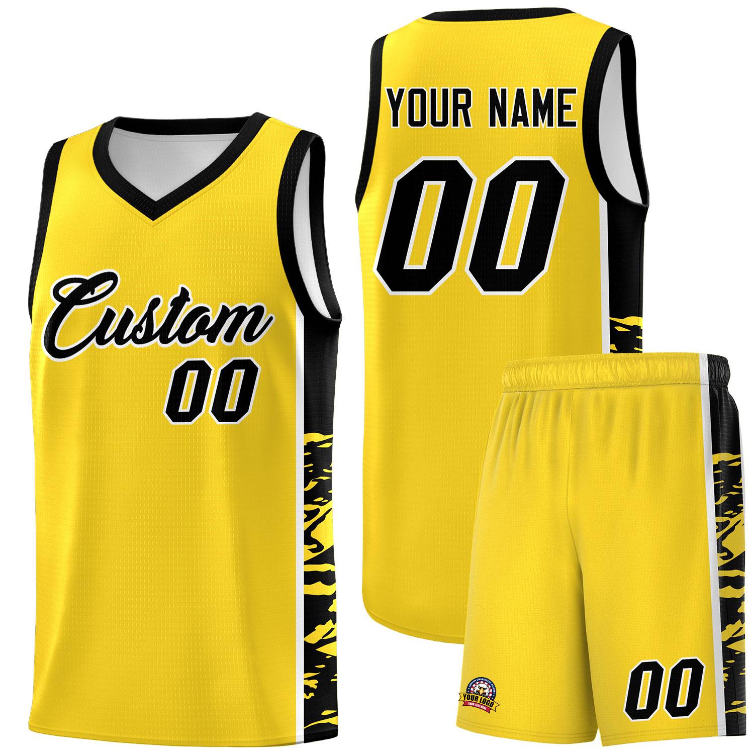 Custom Gold Black Side Gradient Pattern Basketball Kits