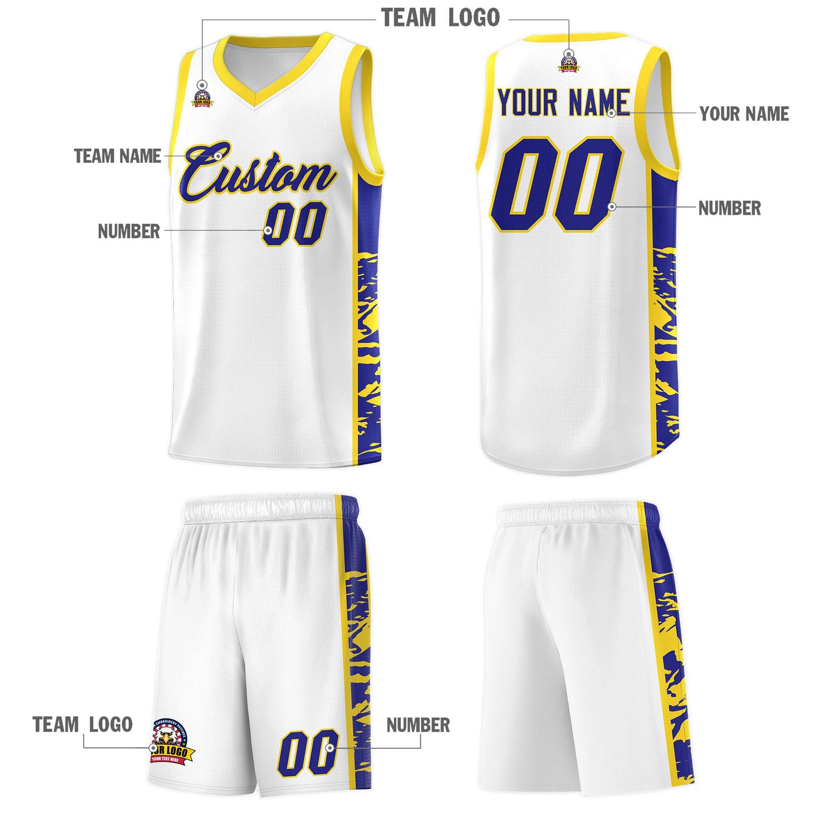 Custom White Gold Side Gradient Pattern Basketball Kits