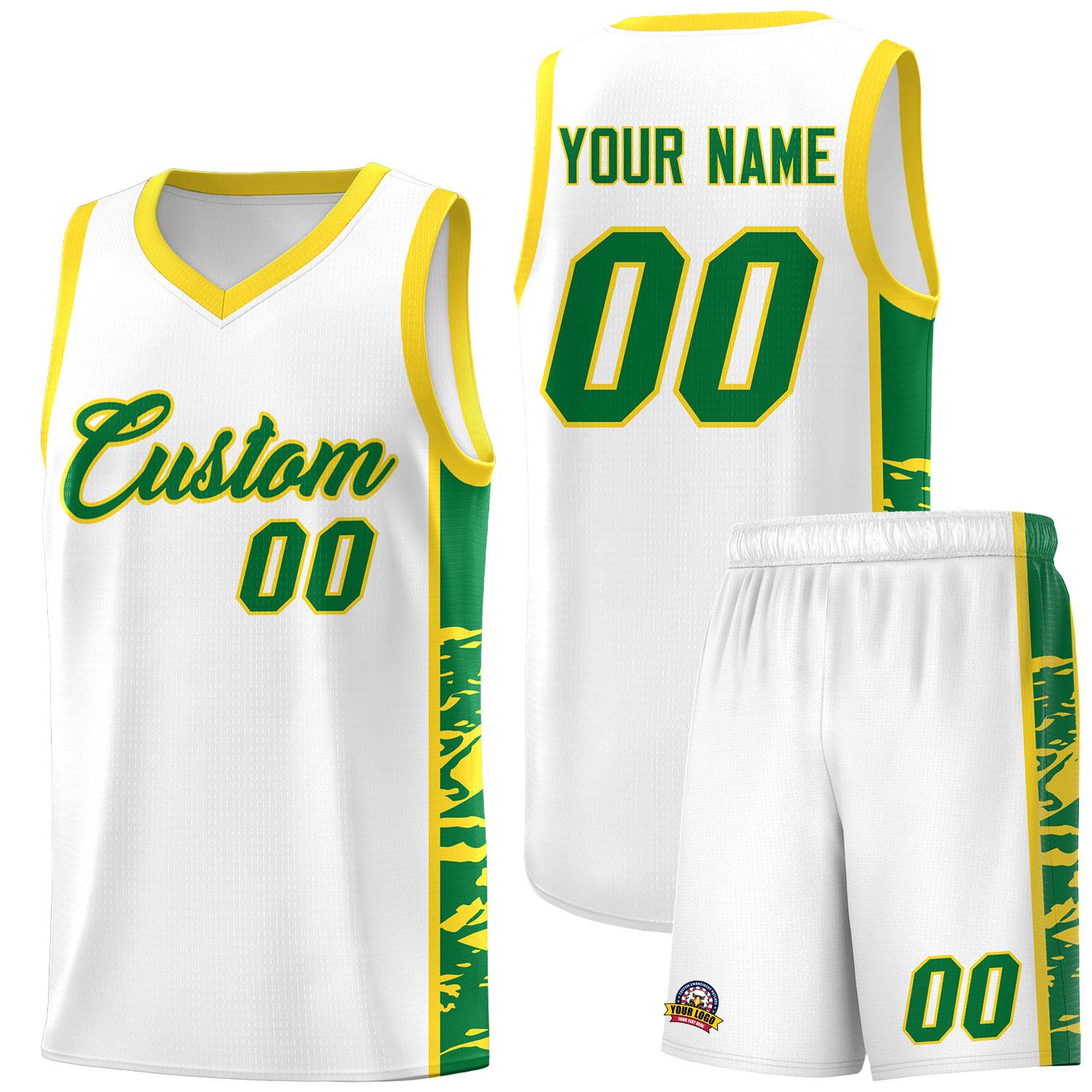 Custom White Gold Side Gradient Pattern Basketball Kits