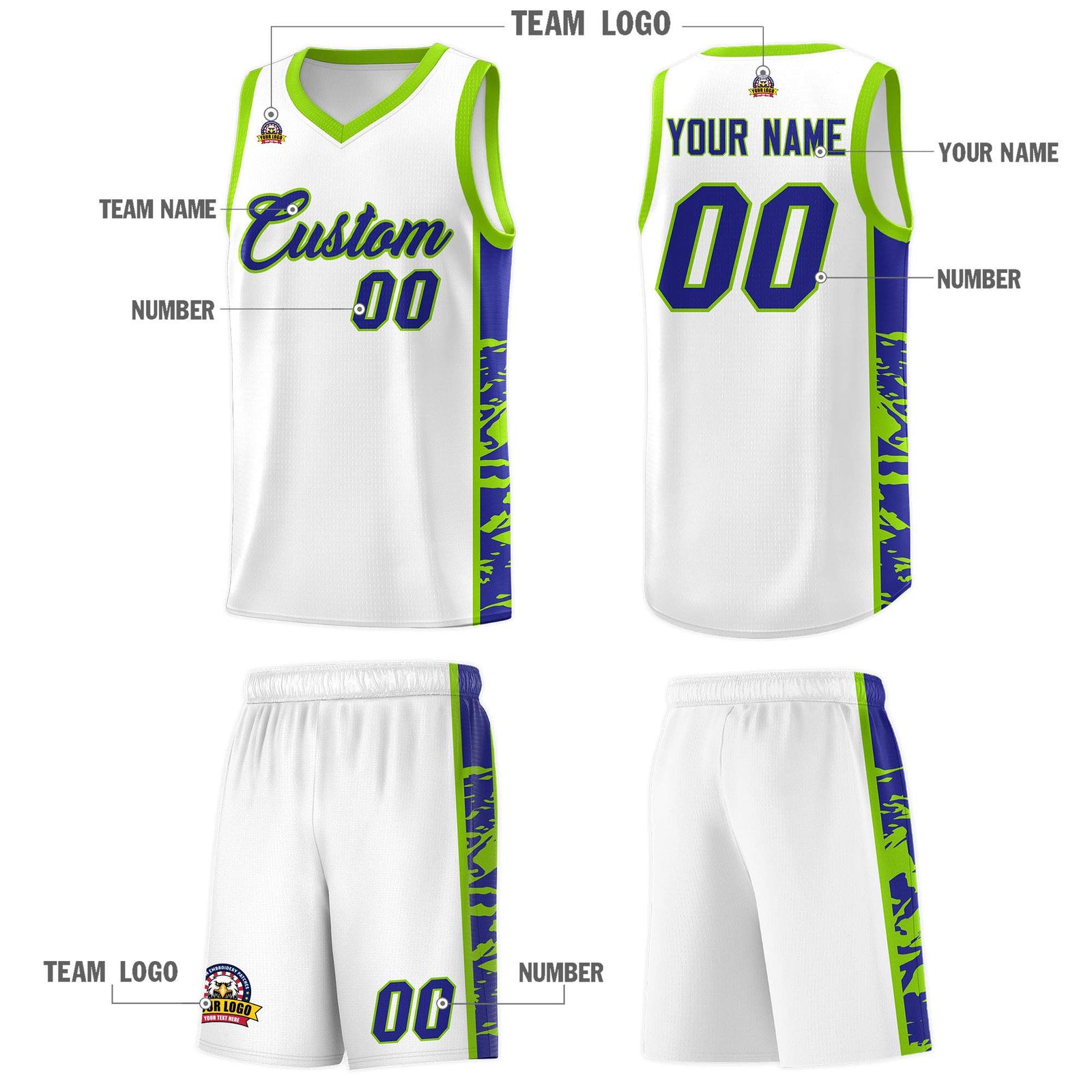 Custom White Neon Green Side Gradient Pattern Basketball Kits