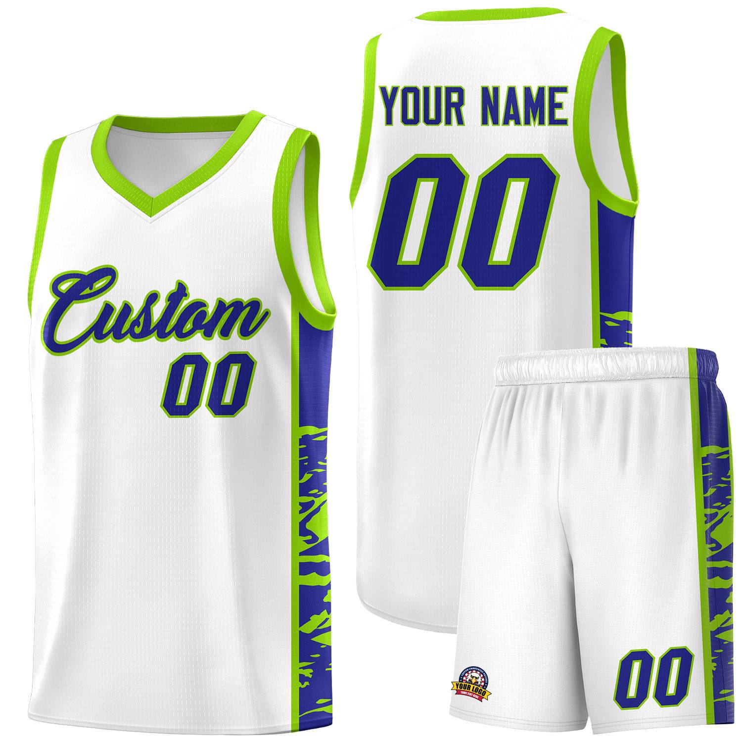 Custom White Neon Green Side Gradient Pattern Basketball Kits