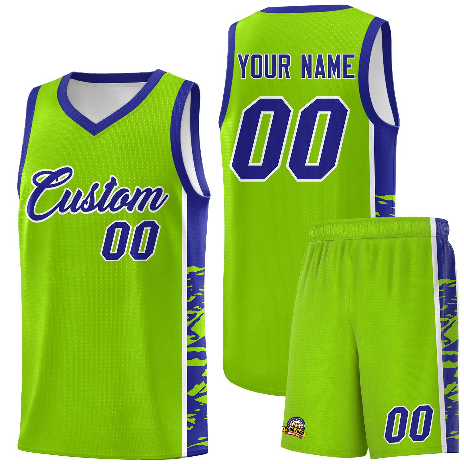 Custom Neon Green Royal Side Gradient Pattern Basketball Kits