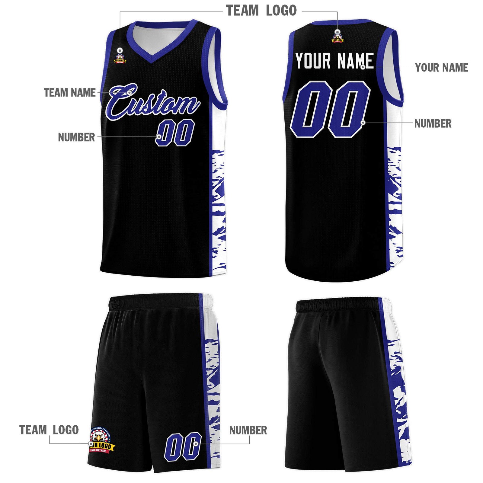 Custom Black Royal Side Gradient Pattern Basketball Kits