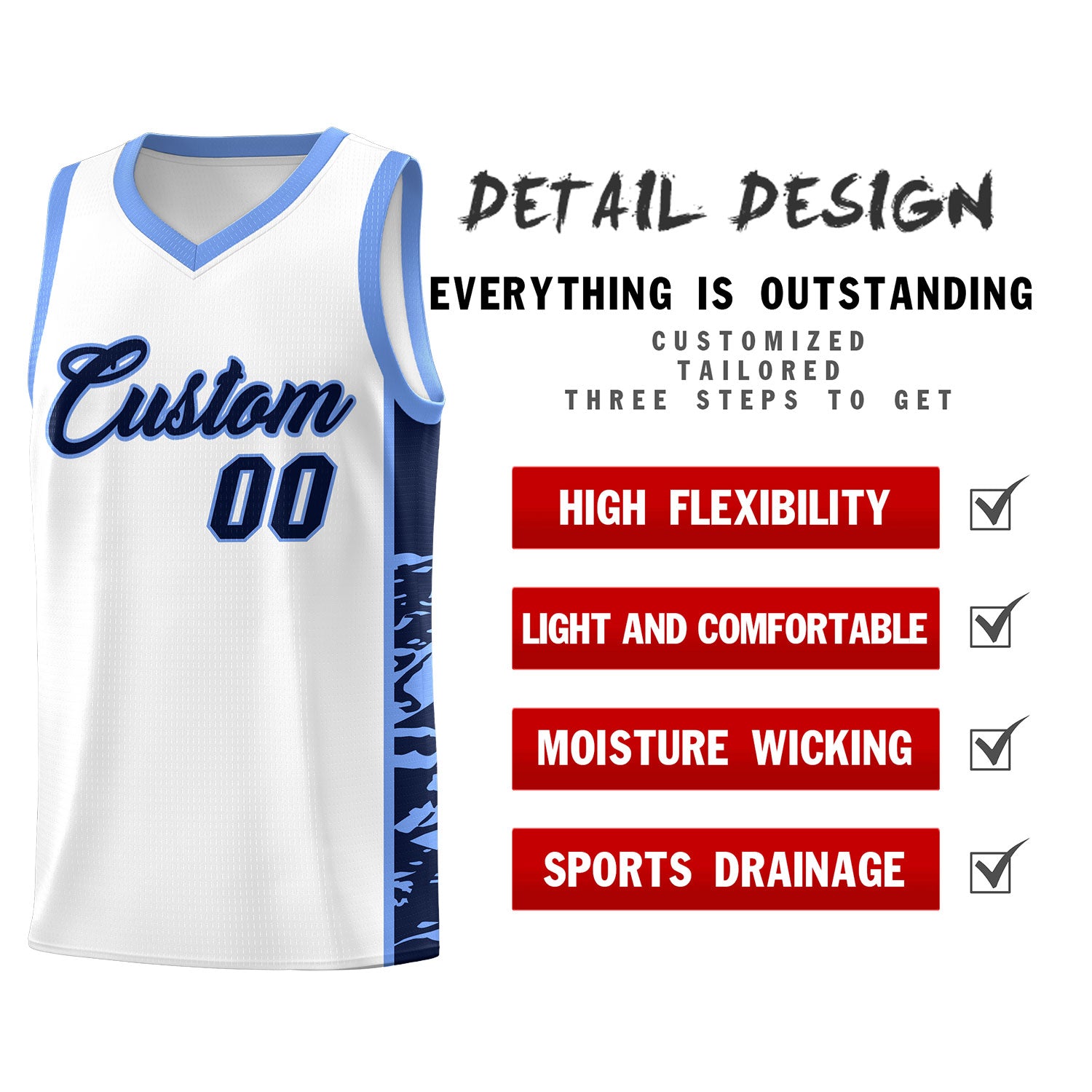 Custom White Light Blue Side Gradient Pattern Basketball Kits