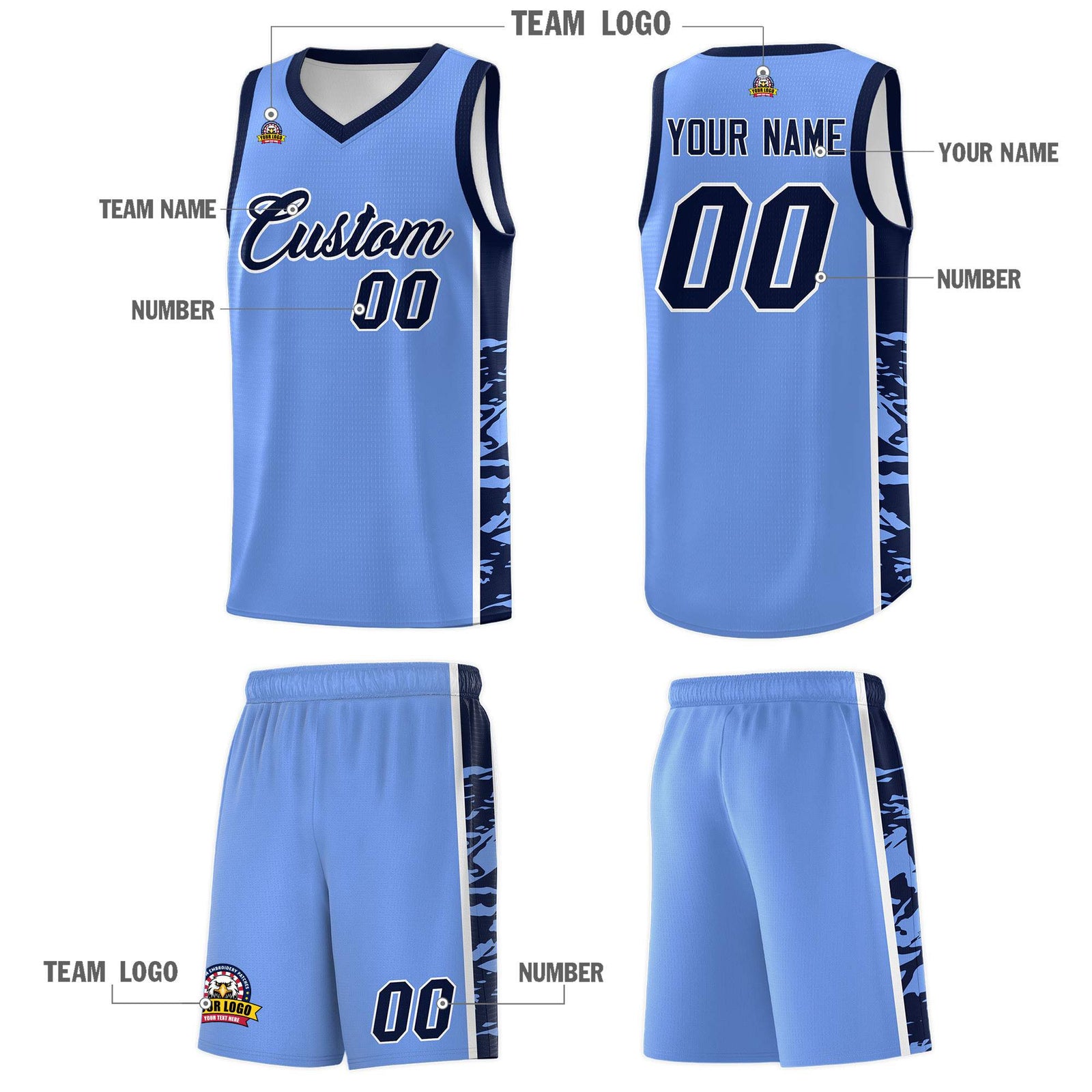 Custom Light Blue Navy Side Gradient Pattern Basketball Kits