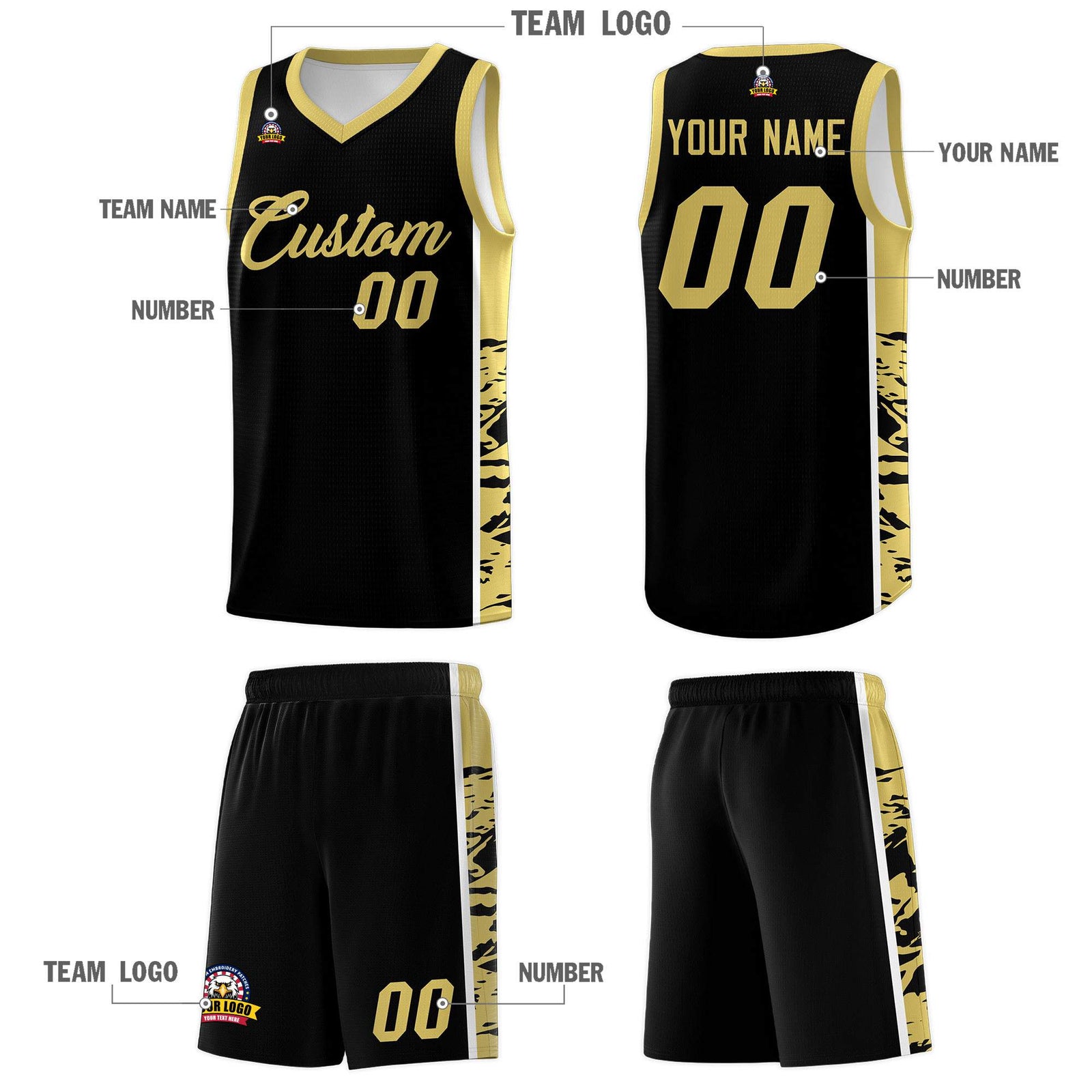 Custom Black Old Gold Side Gradient Pattern Basketball Kits