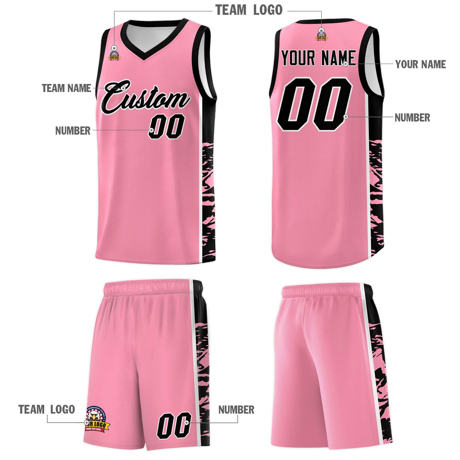 Custom Light Pink Black Side Gradient Pattern Basketball Kits