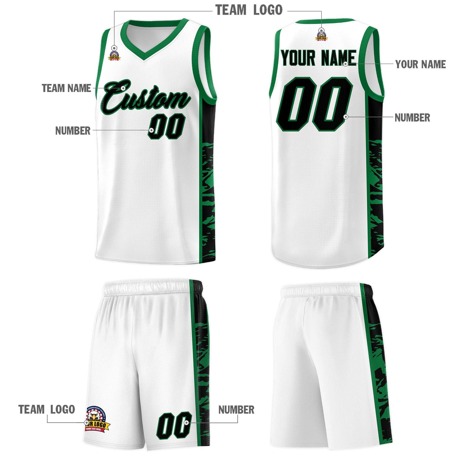 Custom White Kelly Green Side Gradient Pattern Basketball Kits