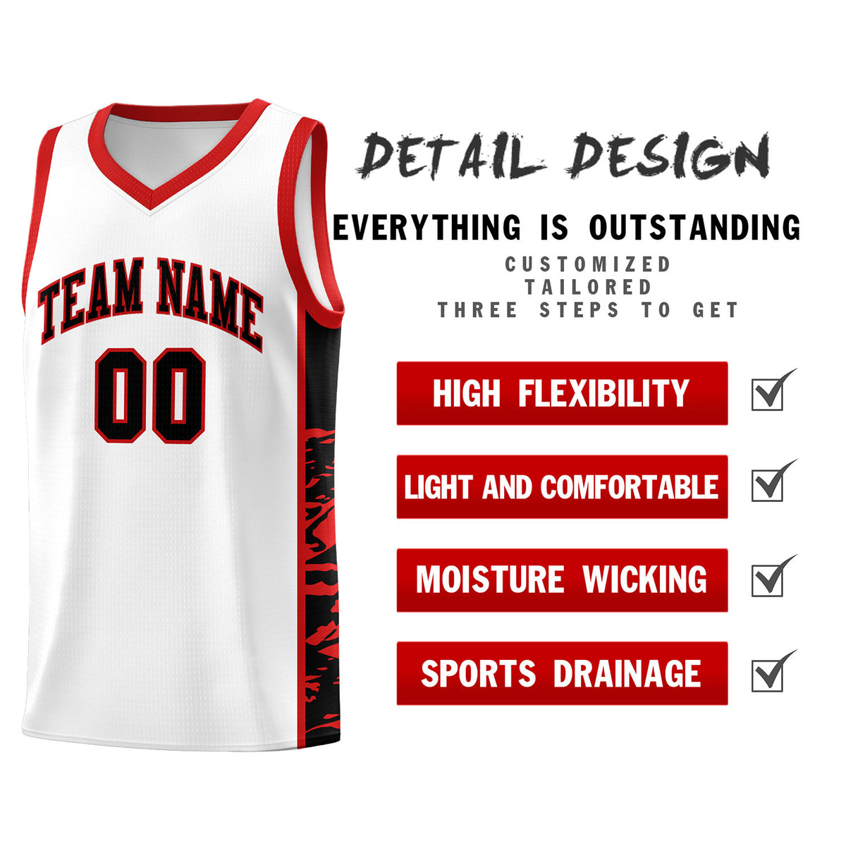 Custom White Red Side Gradient Pattern Basketball Kits