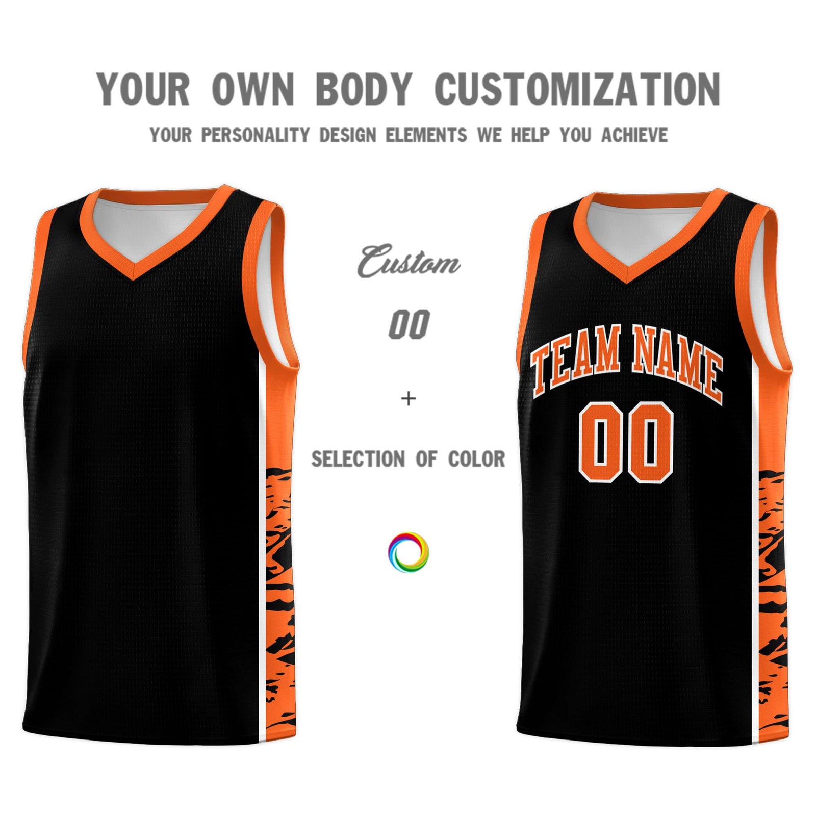 Custom Black Orange Side Gradient Pattern Basketball Kits