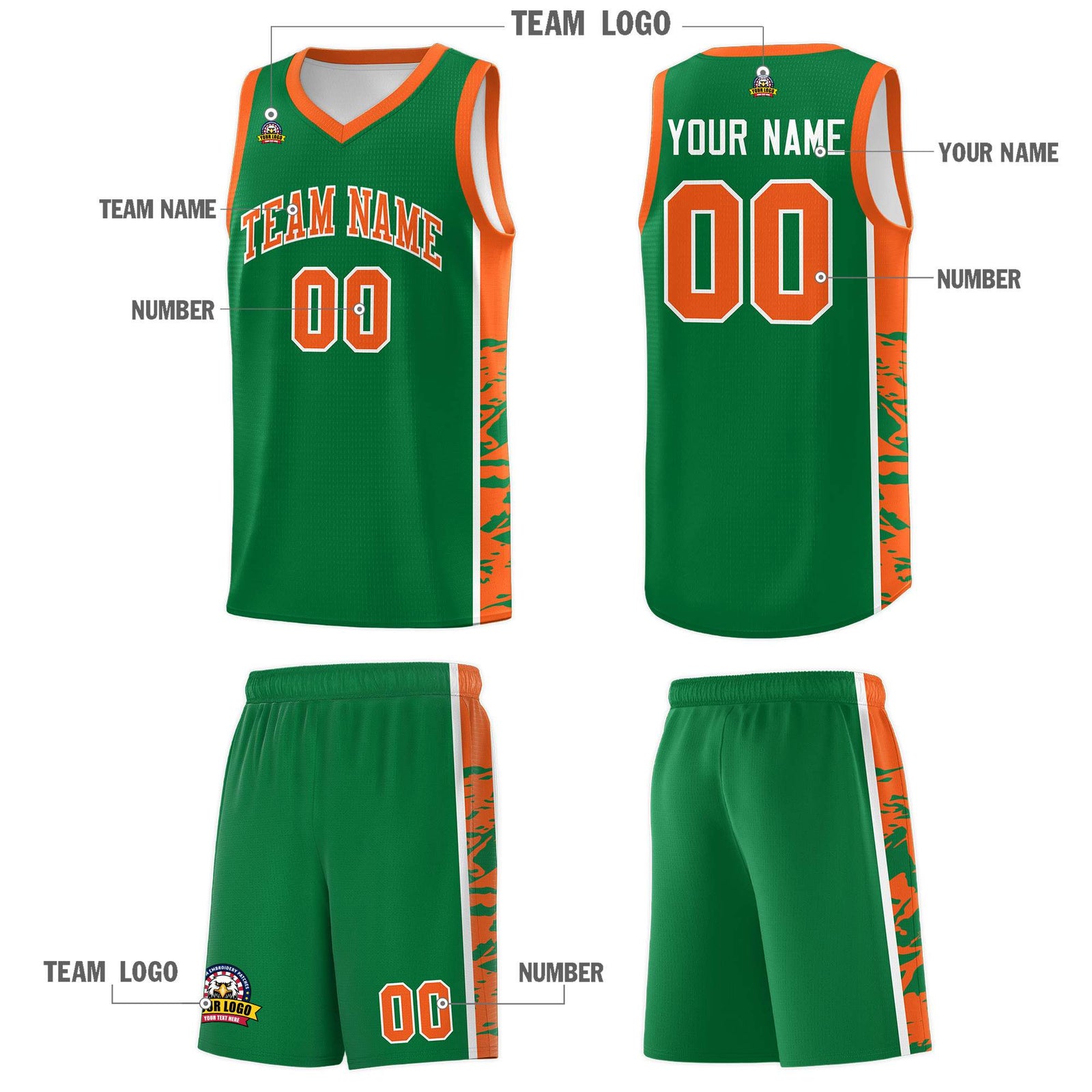 Custom Kelly Green Orange Side Gradient Pattern Basketball Kits